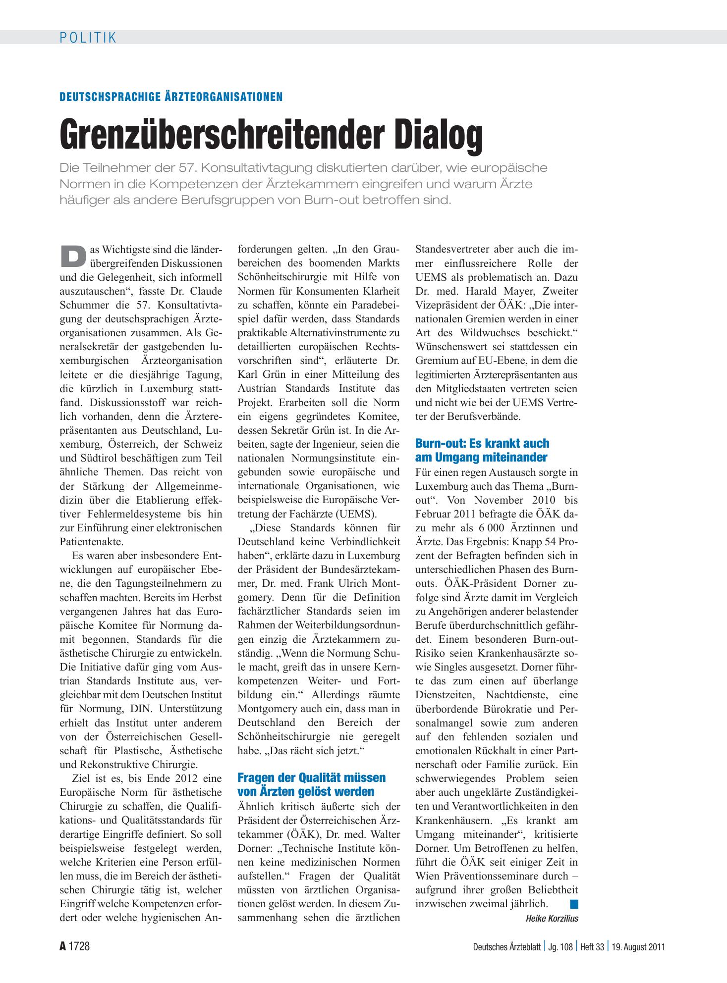 Vorschauseite 1: Deutschsprachige Ärzteorganisationen: Grenzüberschreitender Dialog – Deutsches Ärzteblatt