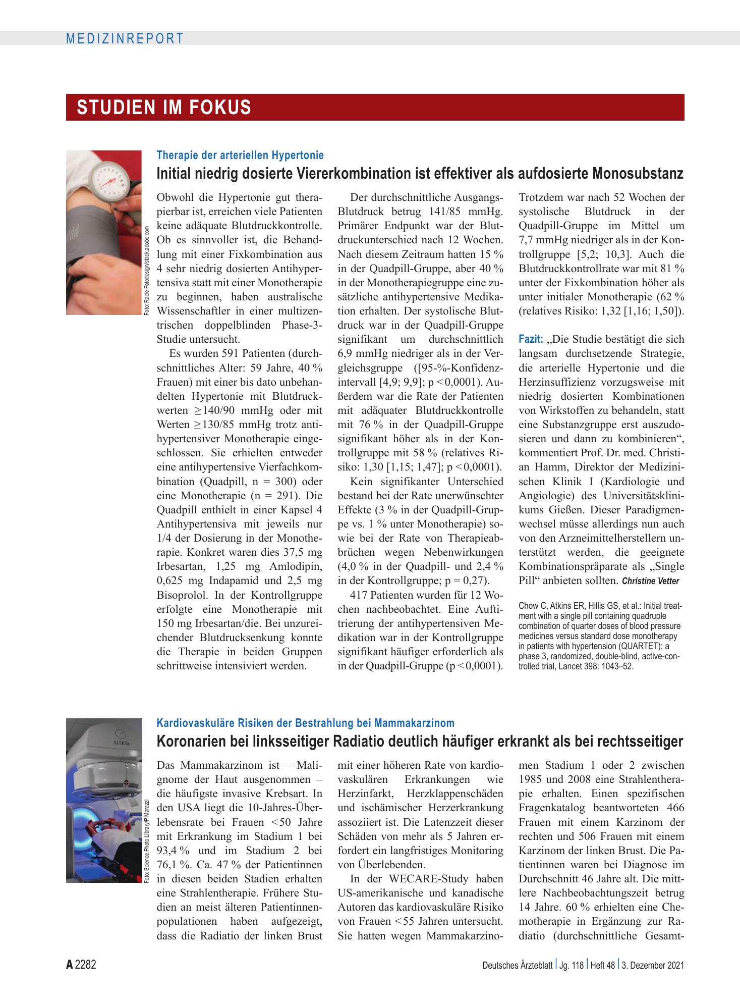 Vorschauseite 1: Therapie der arteriellen Hypertonie: Initial niedrig dosierte Viererkombination ist effektiver als aufdosierte Monosubstanz – Deutsches Ärzteblatt