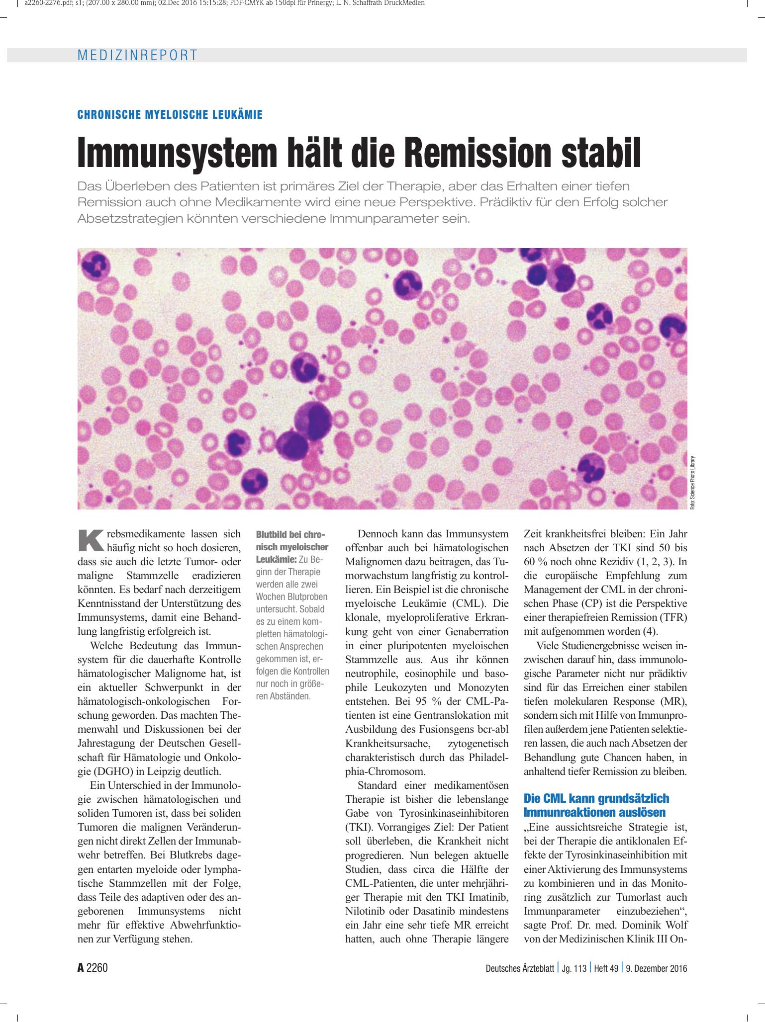 Vorschauseite 1: Chronische Myeloische Leukämie: Immunsystem hält die Remission stabil – Deutsches Ärzteblatt