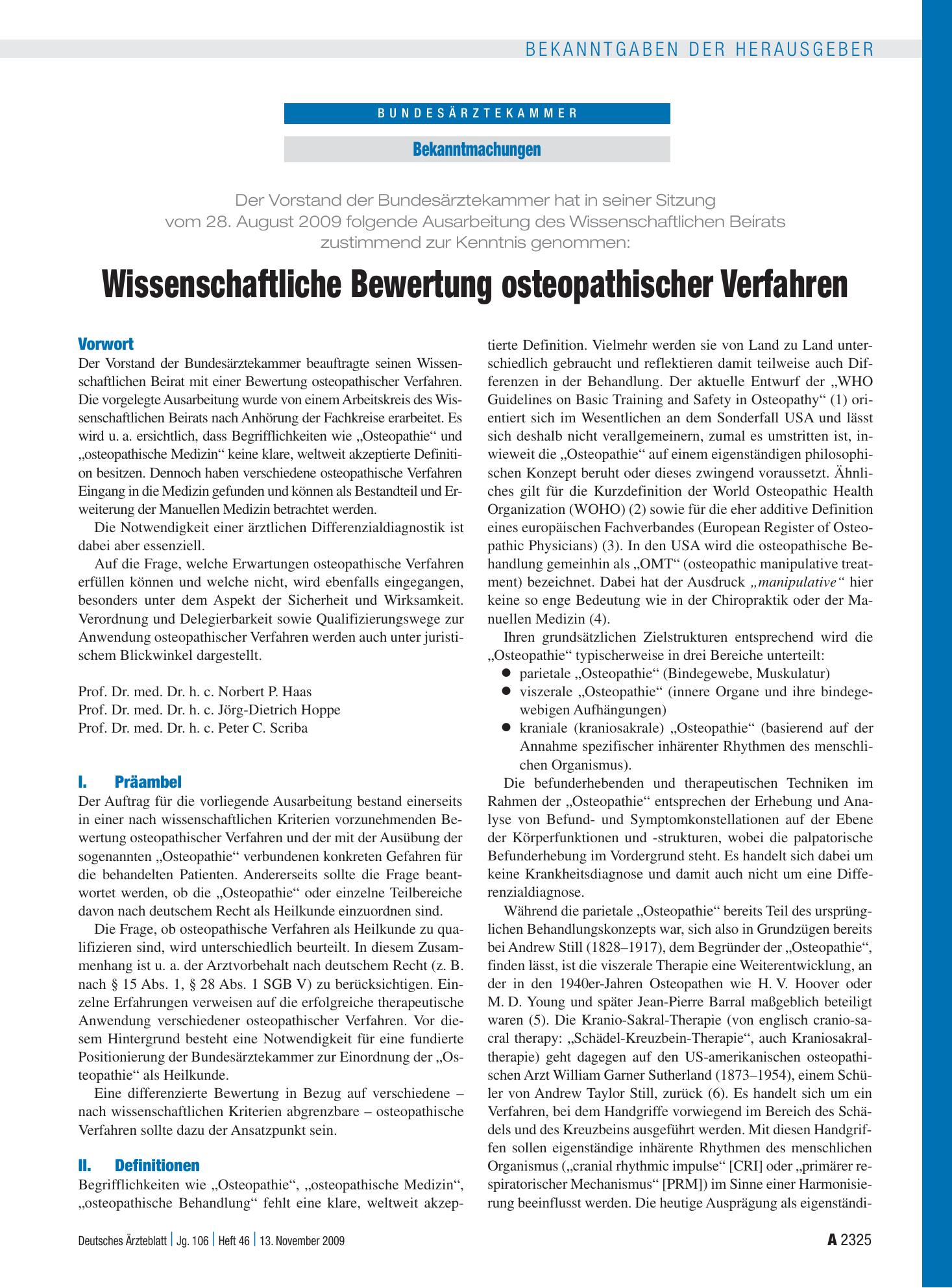 Vorschauseite 1: Wissenschaftliche Bewertung osteopathischer Verfahren – Deutsches Ärzteblatt