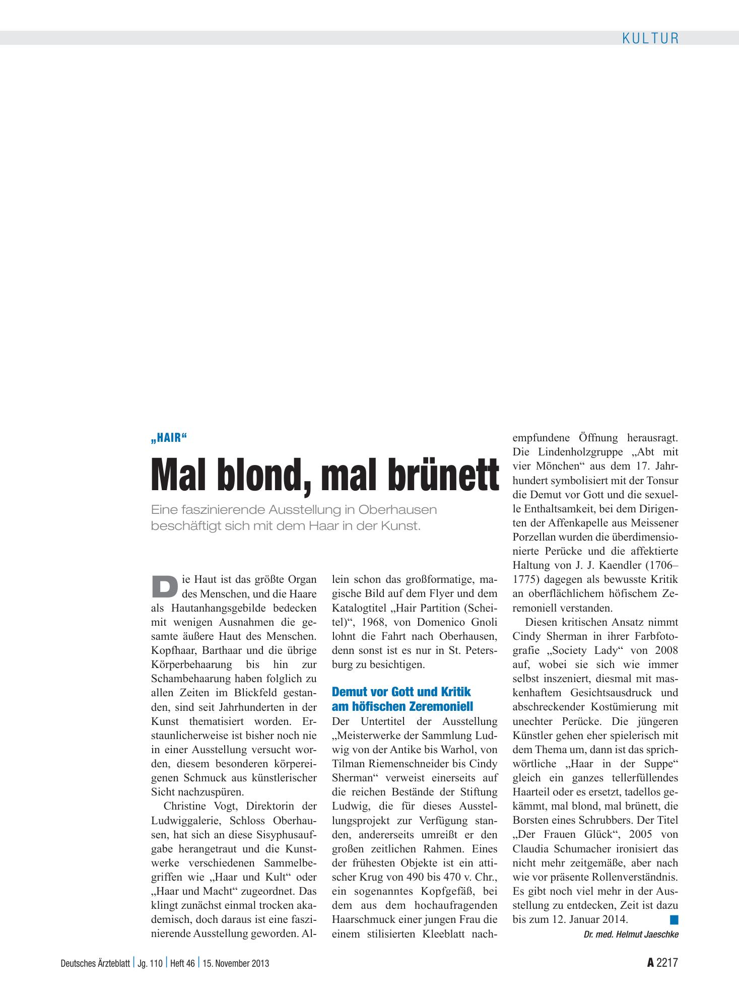 Vorschauseite 1: „Hair“: Mal blond, mal brünett – Deutsches Ärzteblatt