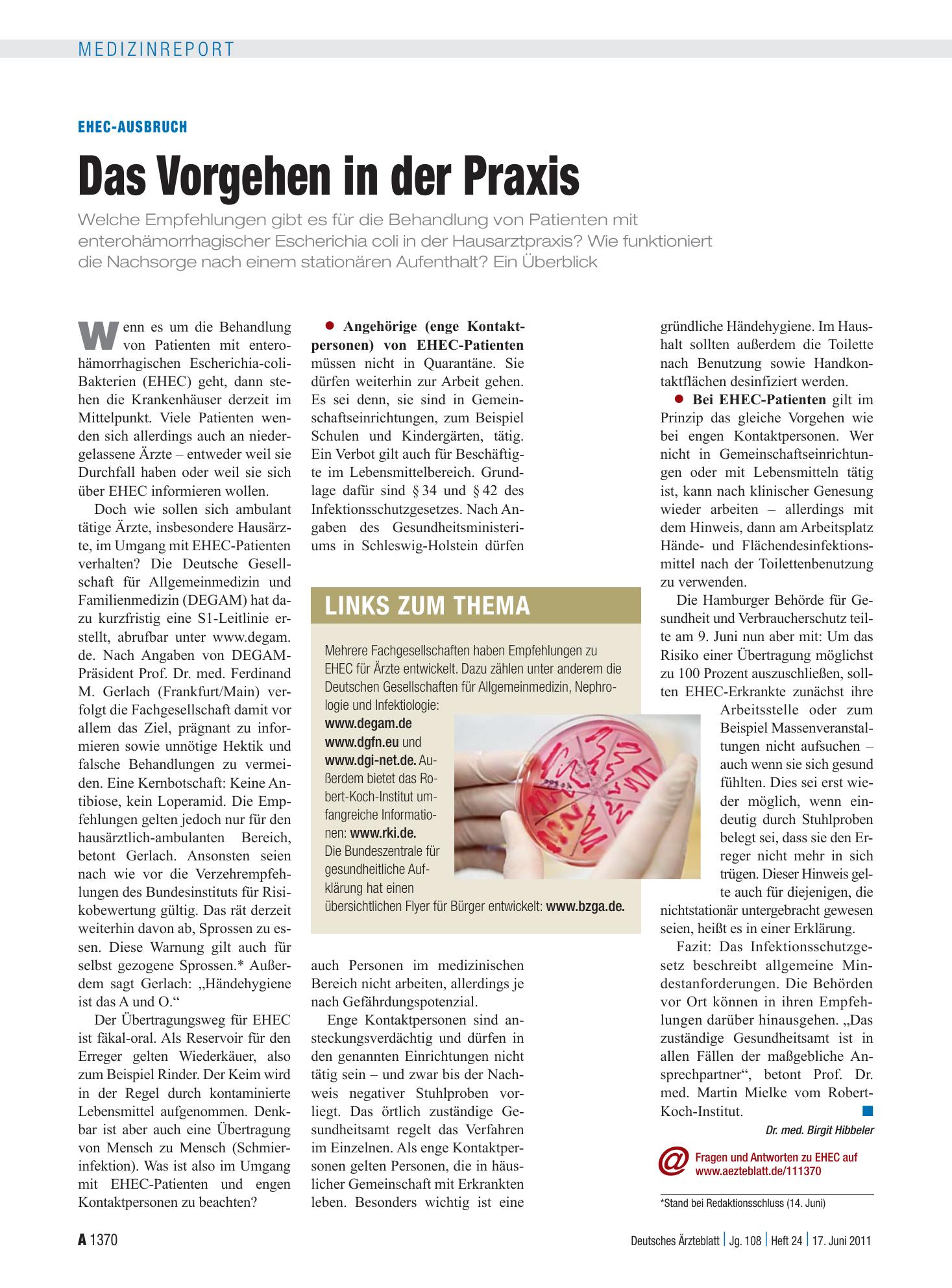Vorschauseite 1: EHEC-Ausbruch: Das Vorgehen in der Praxis – Deutsches Ärzteblatt
