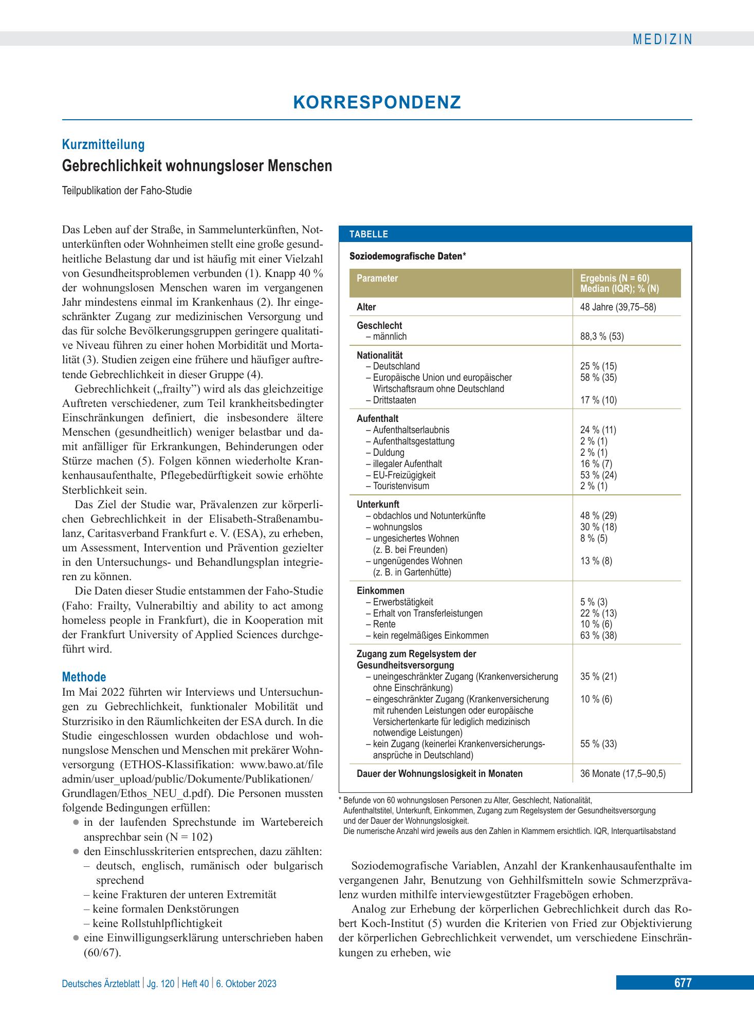 Vorschauseite 1: Gebrechlichkeit wohnungsloser Menschen – Deutsches Ärzteblatt