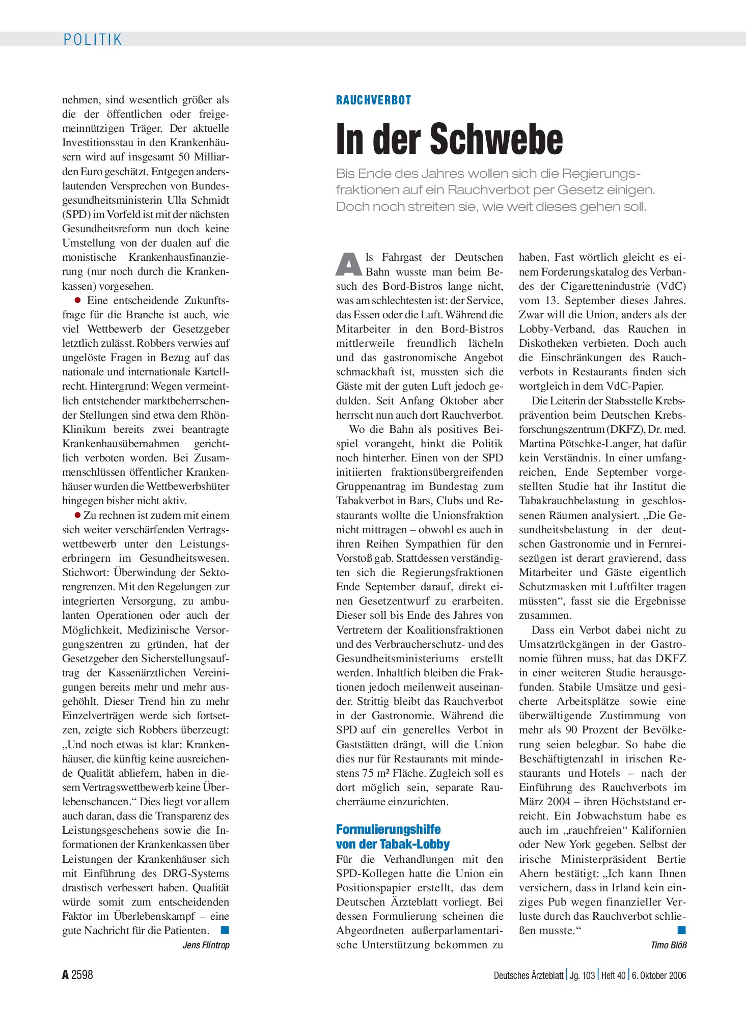 Vorschauseite 1: Rauchverbot: In der Schwebe – Deutsches Ärzteblatt