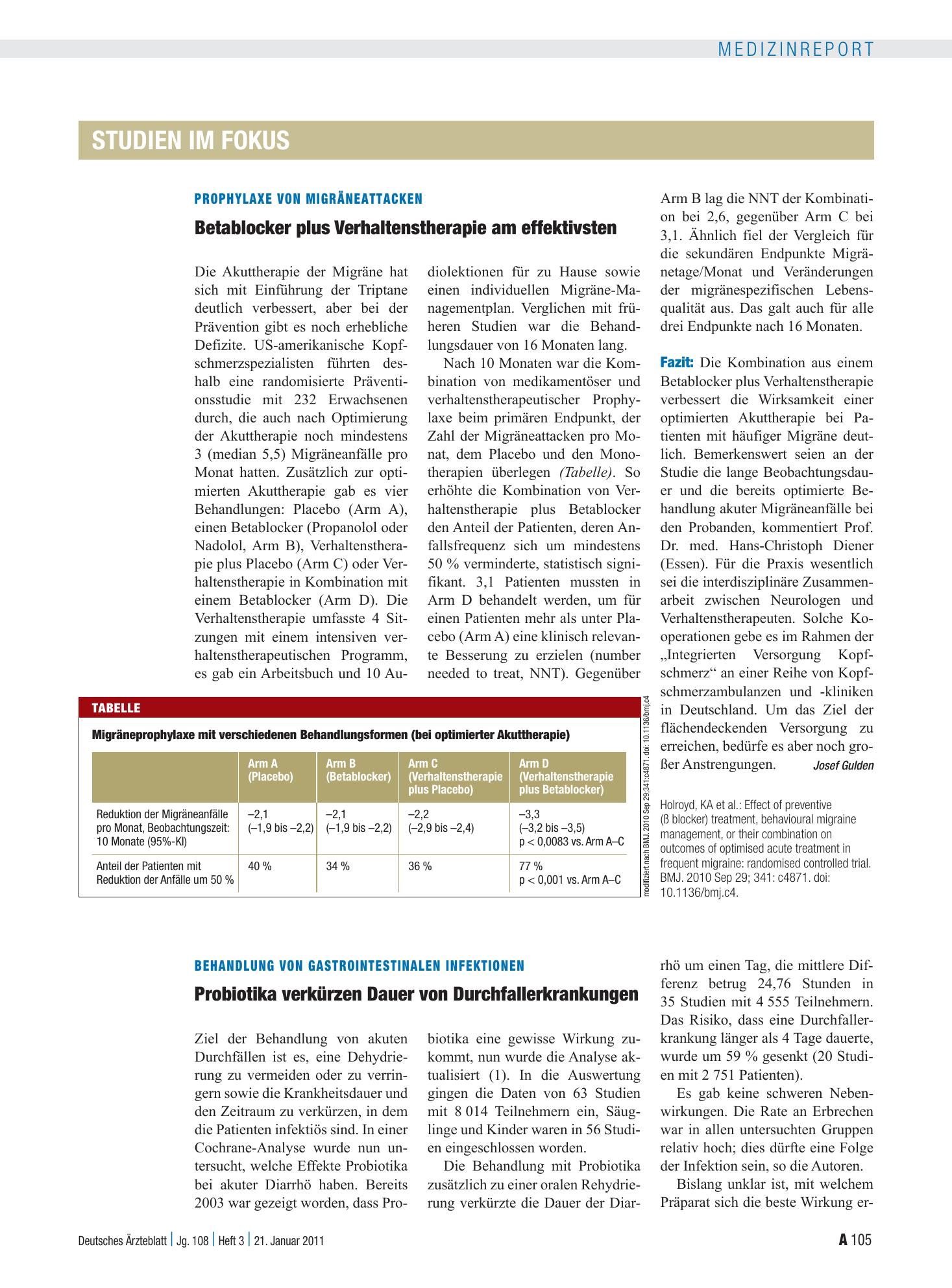 Vorschauseite 1: Prophylaxe von Migräneattacken: Betablocker plus Verhaltenstherapie am effektivsten – Deutsches Ärzteblatt