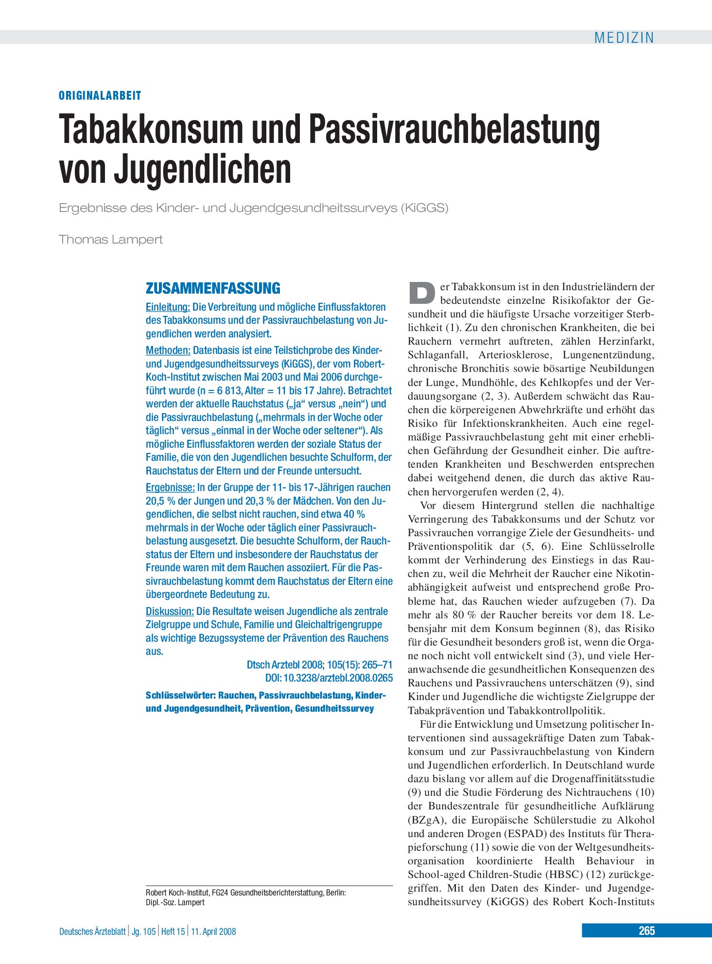 Vorschauseite 1: Tabakkonsum und Passivrauchbelastung von Jugendlichen – Deutsches Ärzteblatt