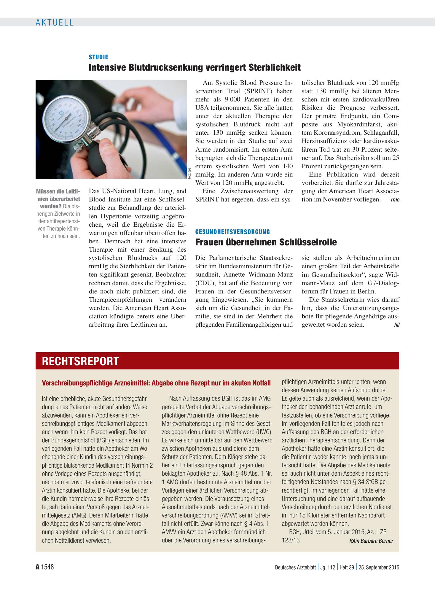 Vorschauseite 1: Studie: Intensive Blutdrucksenkung verringert Sterblichkeit – Deutsches Ärzteblatt