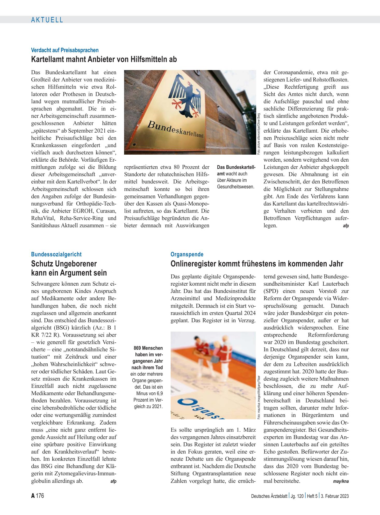 Vorschauseite 1: Bundessozialgericht: Schutz Ungeborener kann ein Argument sein – Deutsches Ärzteblatt