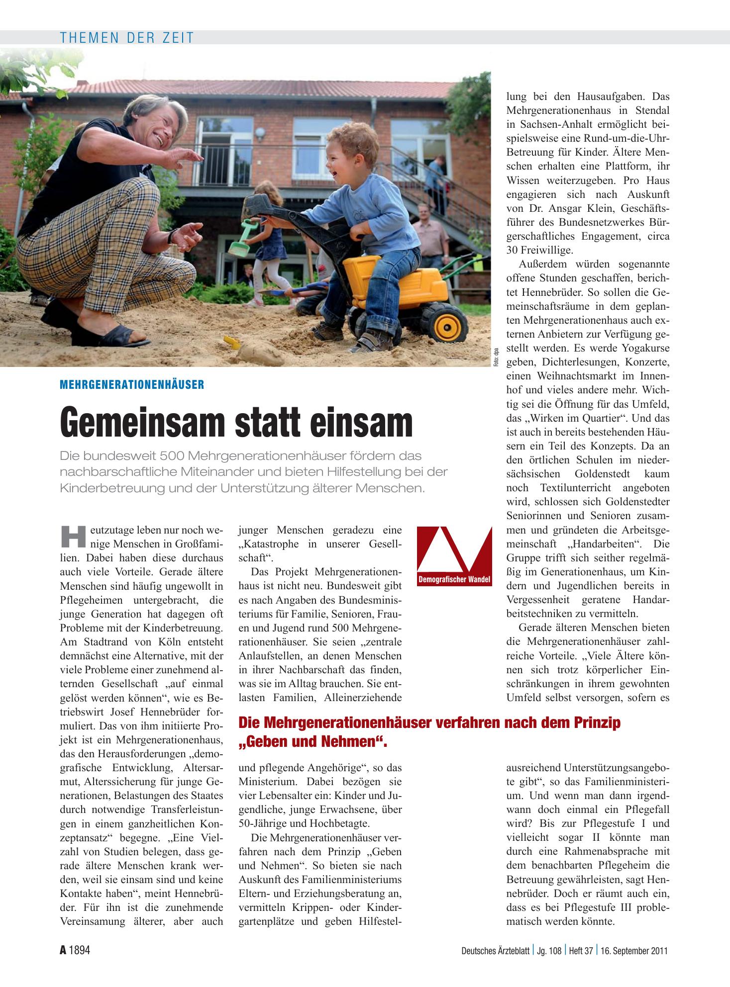 Vorschauseite 1: Mehrgenerationenhäuser: Gemeinsam statt einsam – Deutsches Ärzteblatt