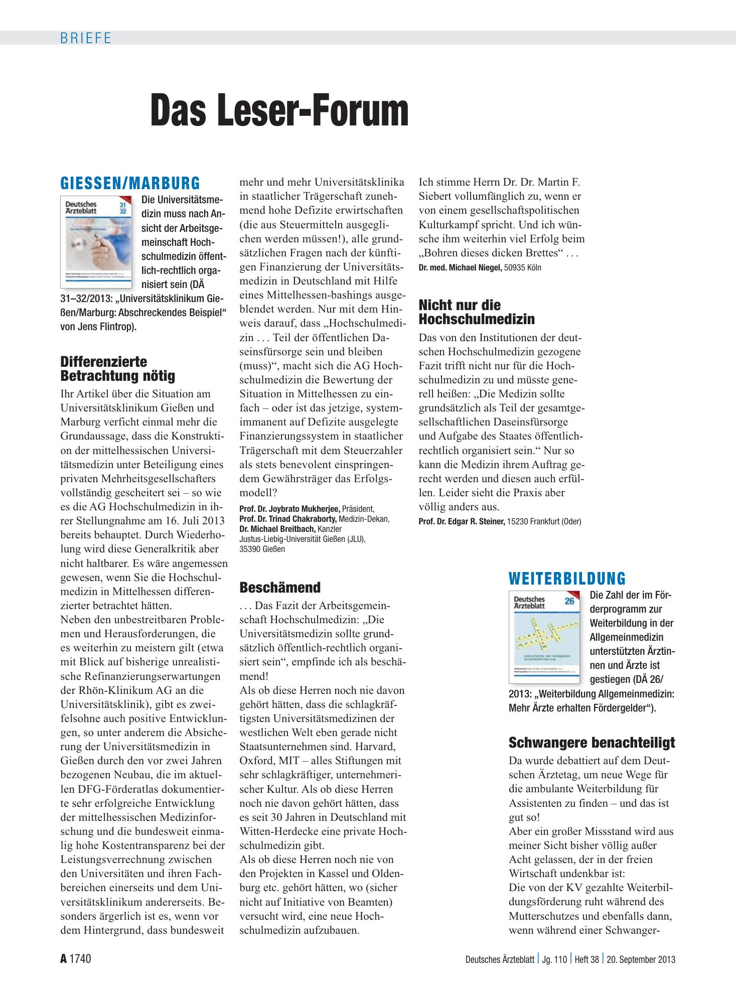 Vorschauseite 1: Giessen/Marburg: Beschämend – Deutsches Ärzteblatt