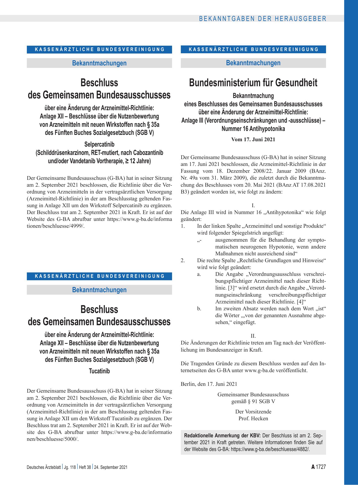 Vorschauseite 1: Beschluss des Gemeinsamen Bundesausschusses über eine Änderung der Arzneimittel-Richtlinie: Anlage XII – Selpercatinib (Schilddrüsenkarzinom, RET-mutiert, nach Cabozantinib und/od…