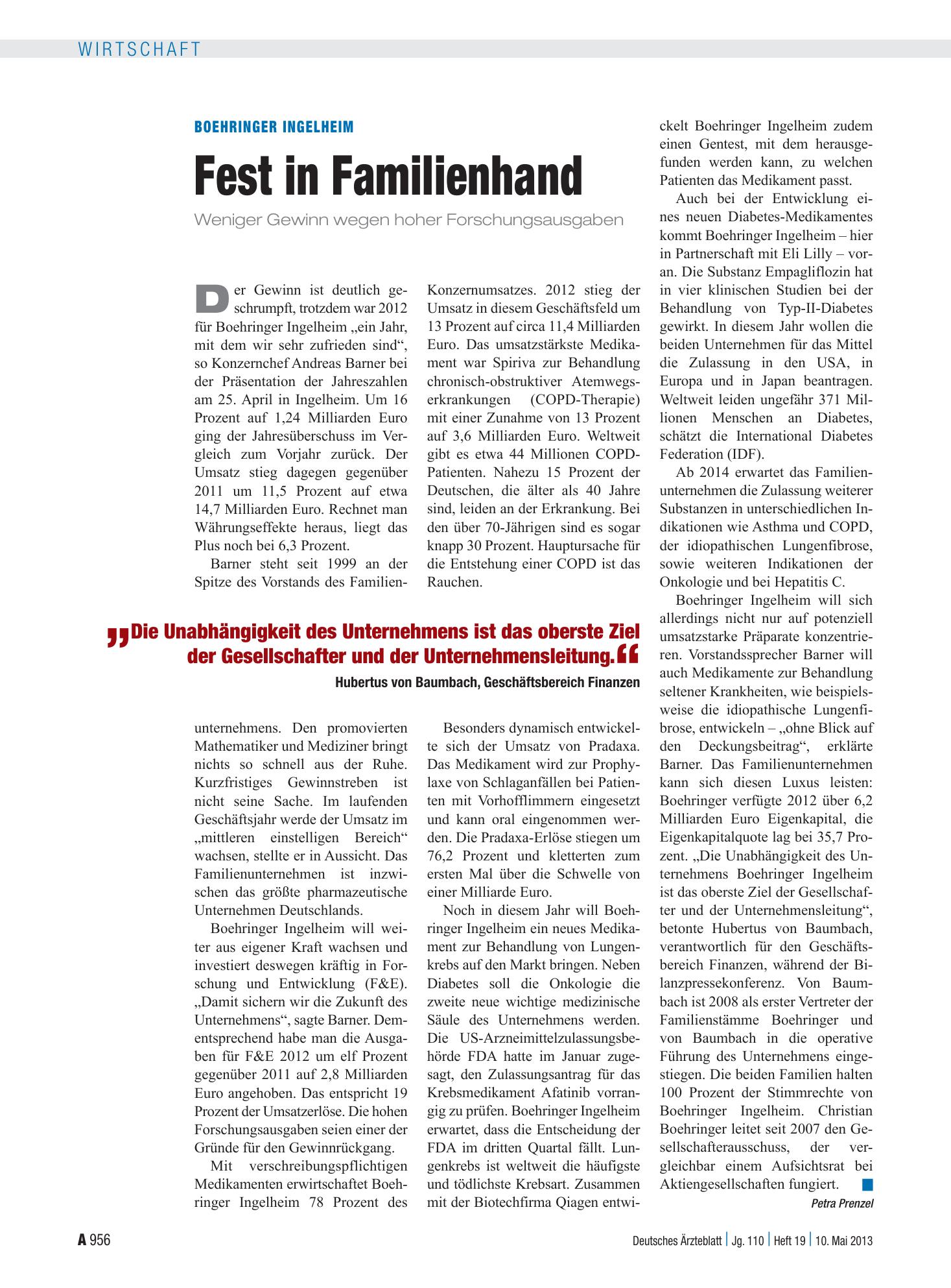 Vorschauseite 1: Boehringer Ingelheim: Fest in Familienhand – Deutsches Ärzteblatt