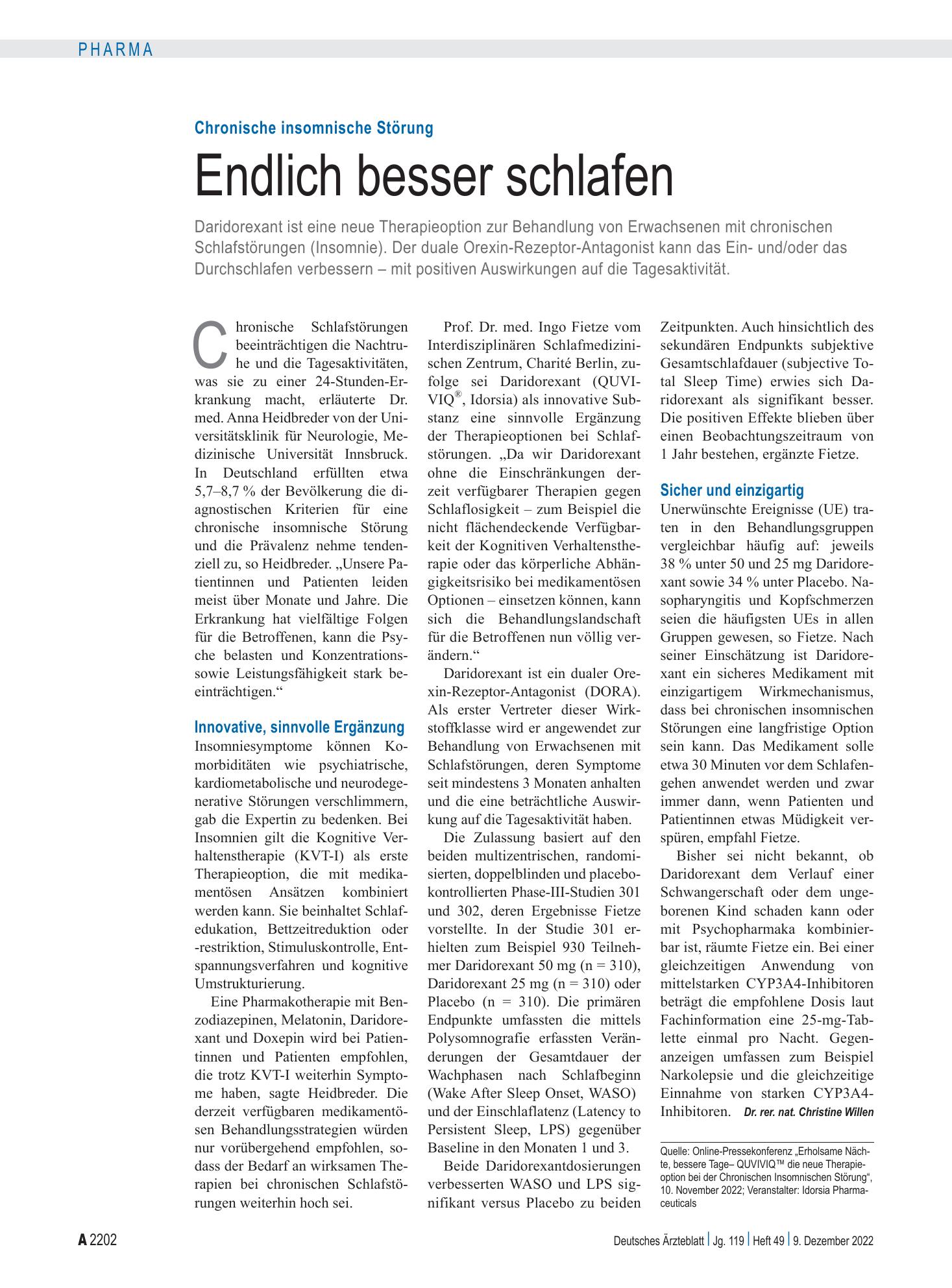 Vorschauseite 1: Chronische insomnische Störung: Endlich besser schlafen – Deutsches Ärzteblatt