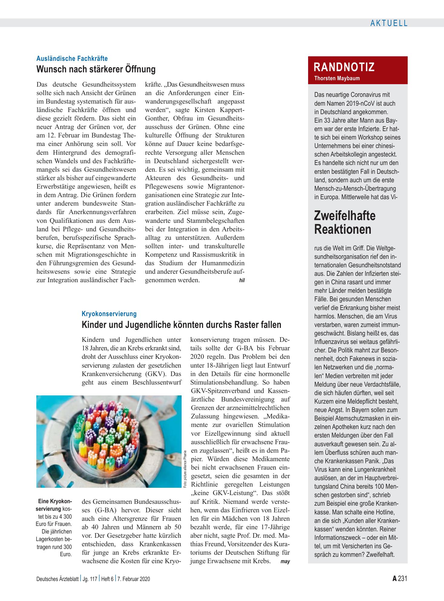 Vorschauseite 1: Kryokonservierung: Kinder und Jugendliche könnten durchs Raster fallen – Deutsches Ärzteblatt