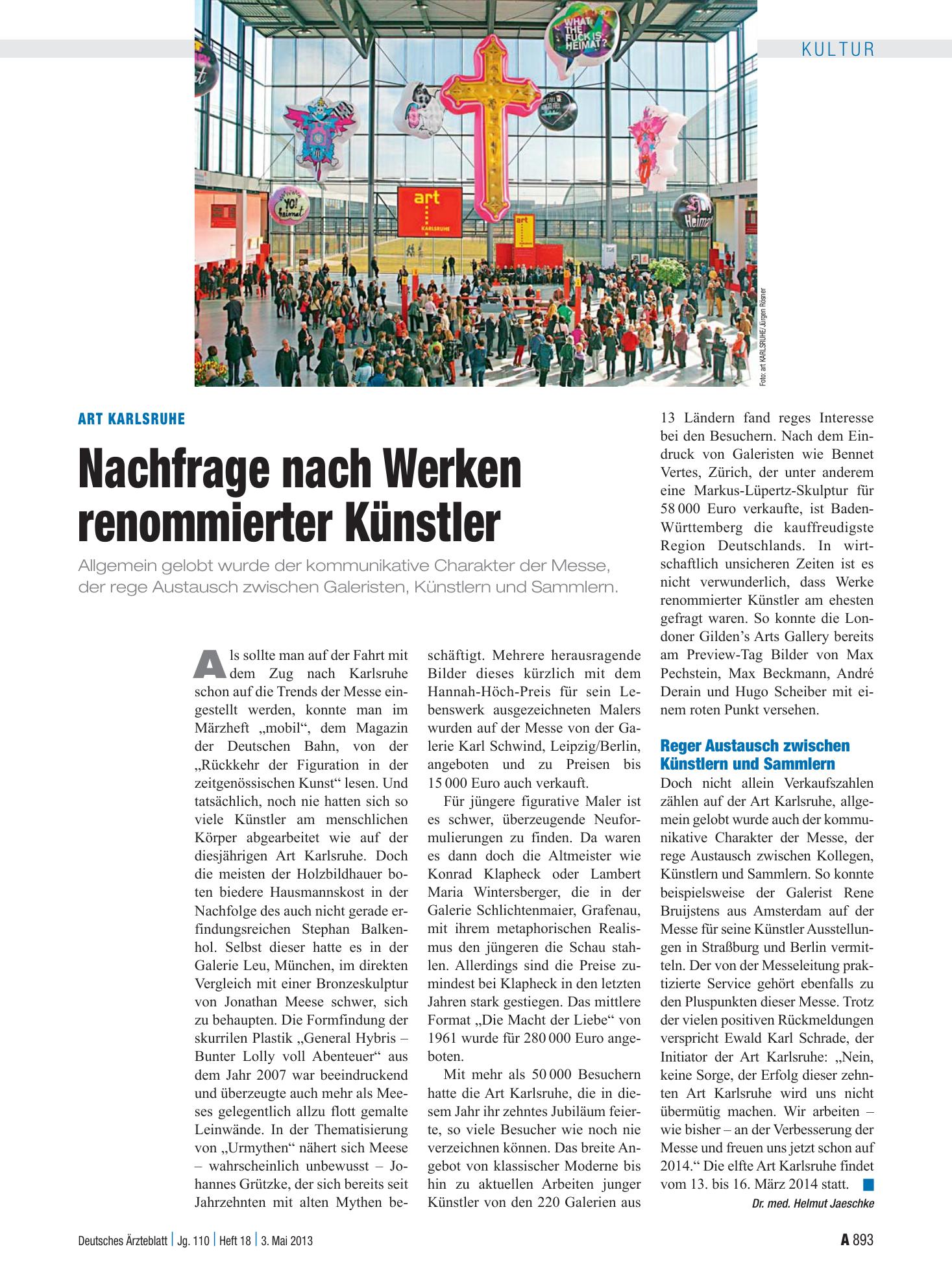 Vorschauseite 1: Art Karlsruhe: Nachfrage nach Werken renommierter Künstler – Deutsches Ärzteblatt