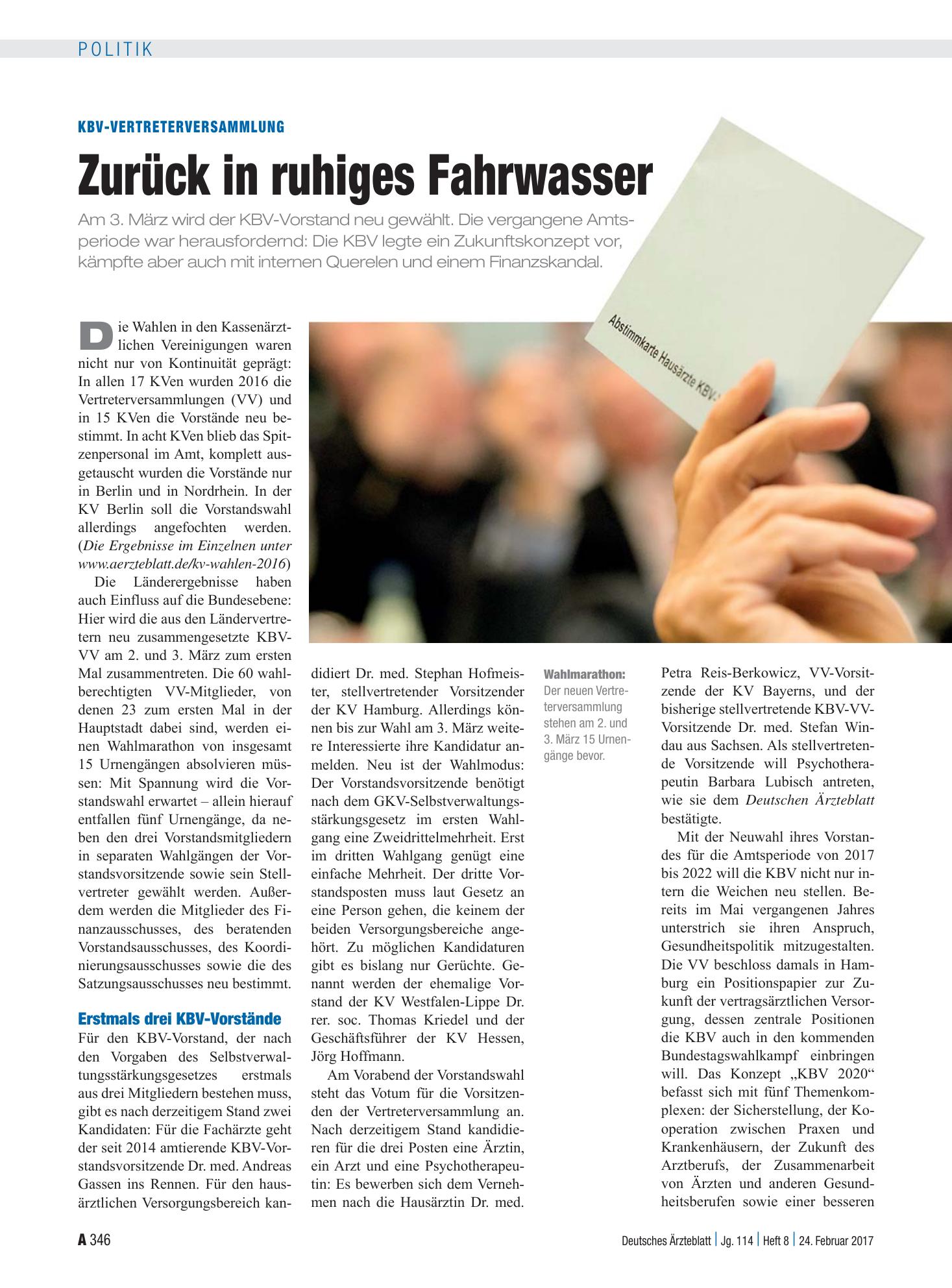 Vorschauseite 1: KBV-Vertreterversammlung: Zurück in ruhiges Fahrwasser – Deutsches Ärzteblatt
