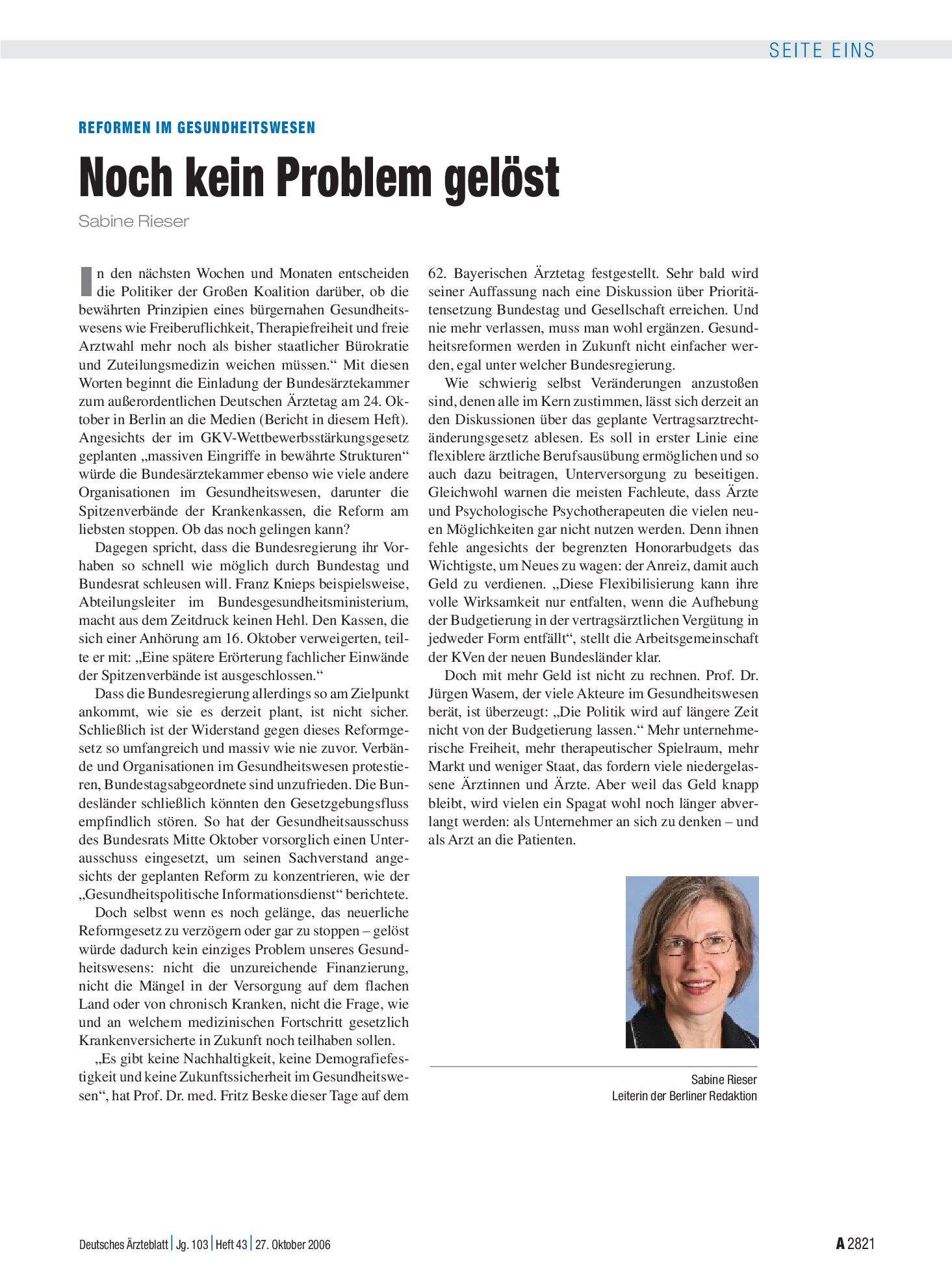 Vorschauseite 1: Reformen im Gesundheitswesen: Noch kein Problem gelöst – Deutsches Ärzteblatt