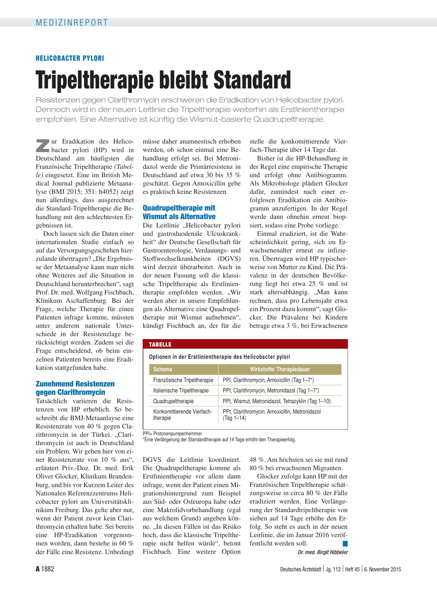 Vorschauseite 1: Helicobacter pylori: Tripeltherapie bleibt Standard – Deutsches Ärzteblatt