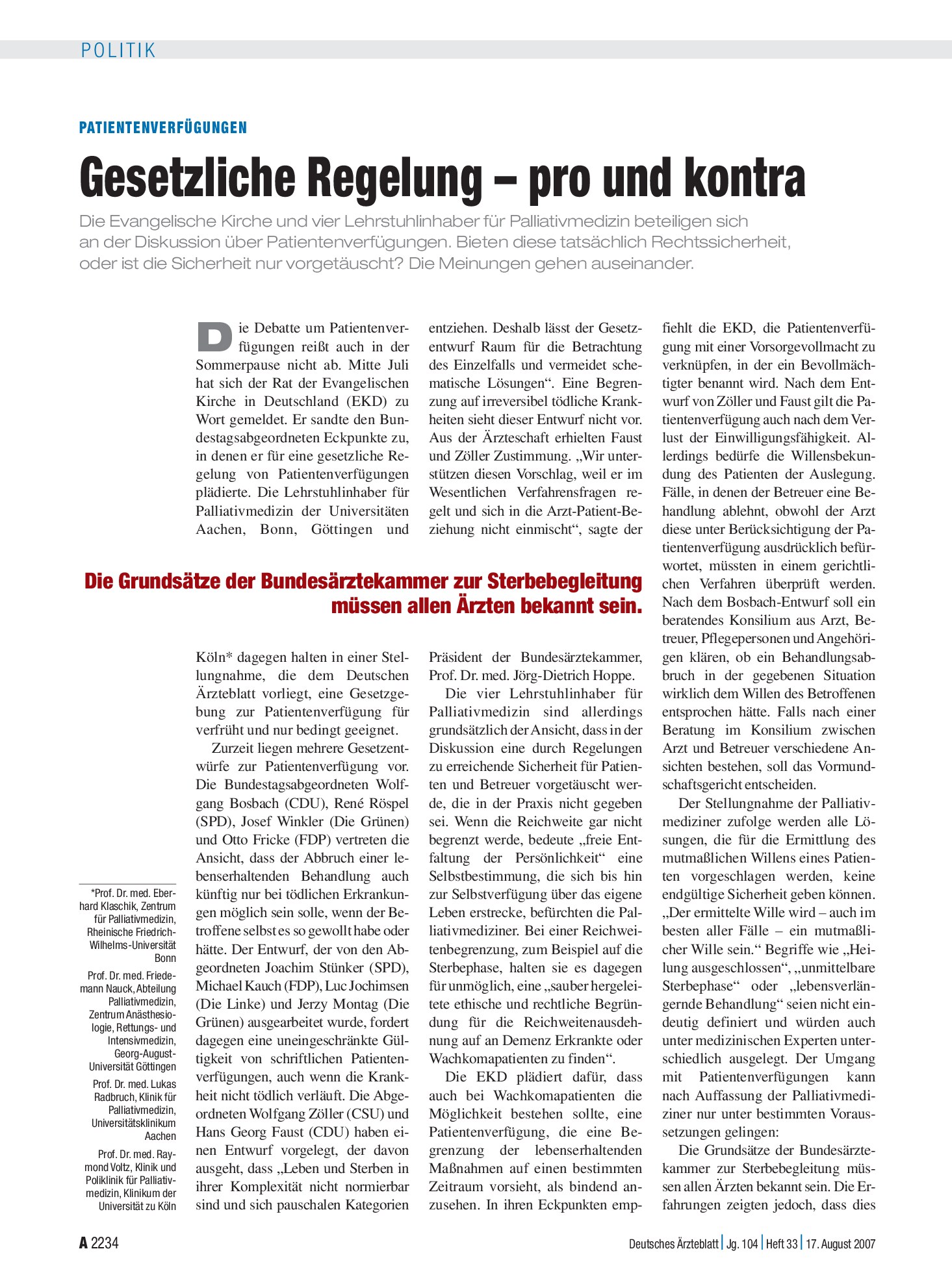 Vorschauseite 1: Patientenverfügungen: Gesetzliche Regelung – pro und kontra – Deutsches Ärzteblatt