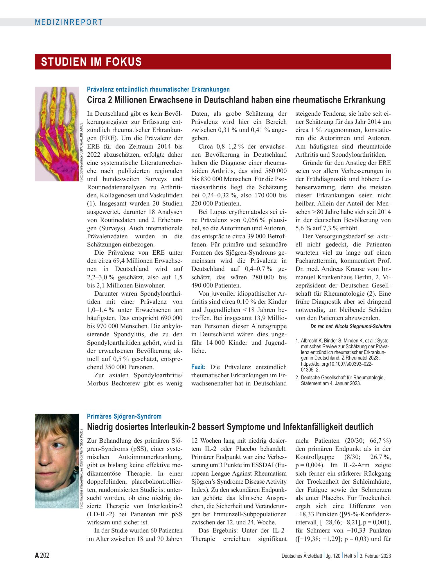 Vorschauseite 1: Prävalenz entzündlich rheumatischer Erkrankungen: Circa 2 Millionen Erwachsene in Deutschland haben eine rheumatische Erkrankung – Deutsches Ärzteblatt
