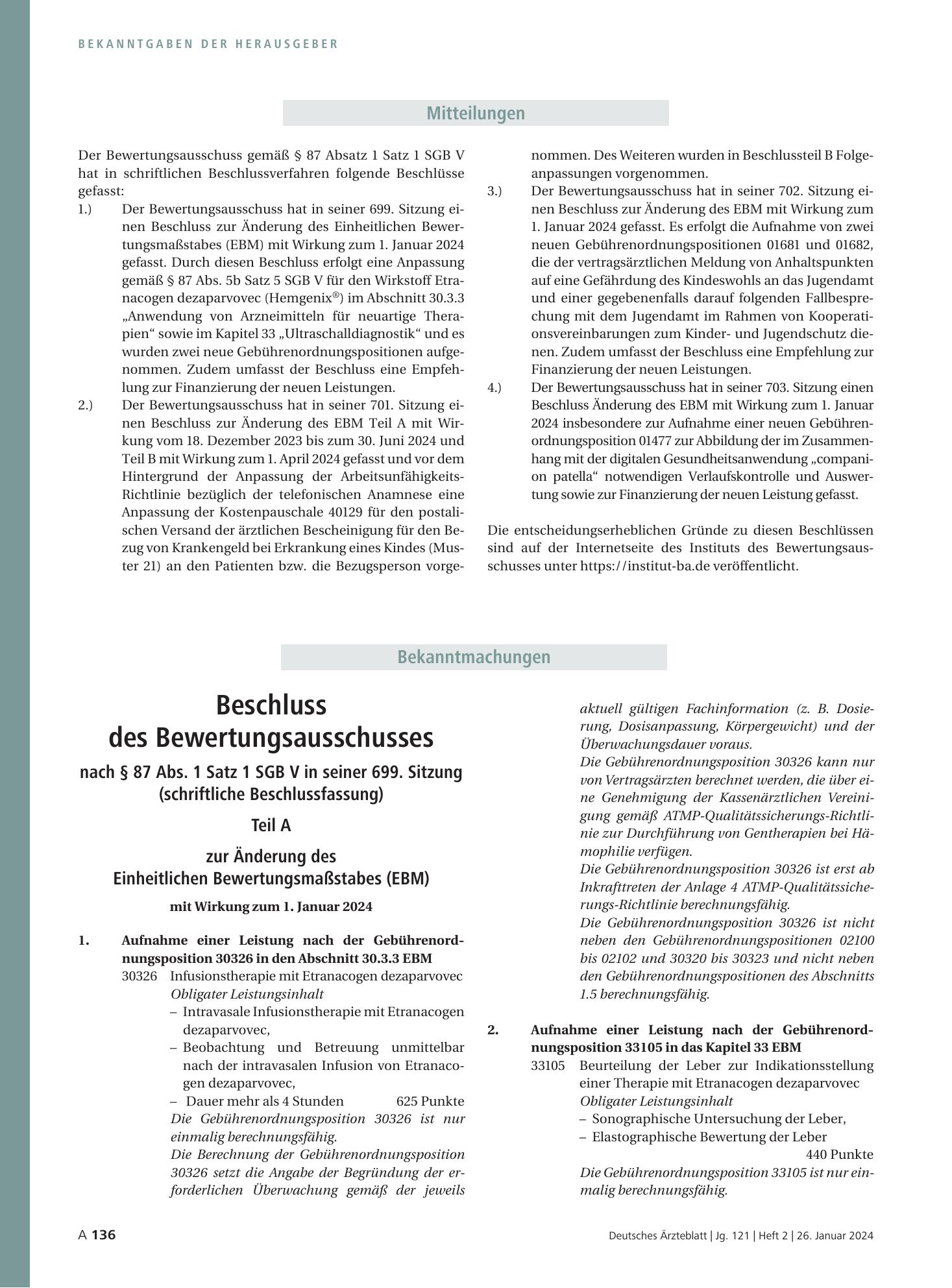 Vorschauseite 1: Beschluss des Bewertungsausschusses nach § 87 Abs. 1 Satz 1 SGB V in seiner 699. Sitzung (schriftliche Beschlussfassung) zur Änderung des Einheitlichen Bewertungsmaßstabes (EBM) –…