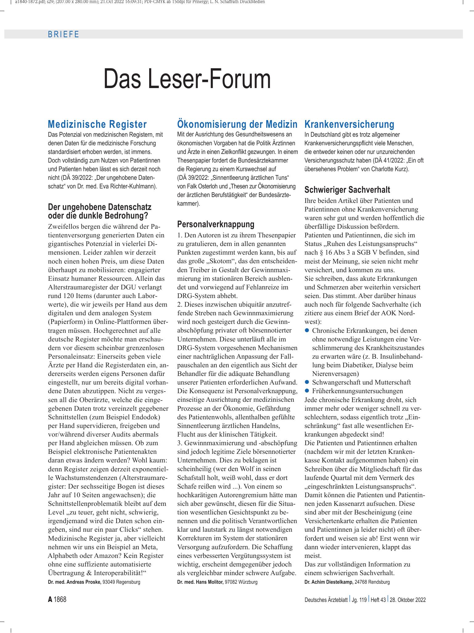 Vorschauseite 1: Medizinische Register: Der ungehobene Datenschatz oder die dunkle Bedrohung? – Deutsches Ärzteblatt