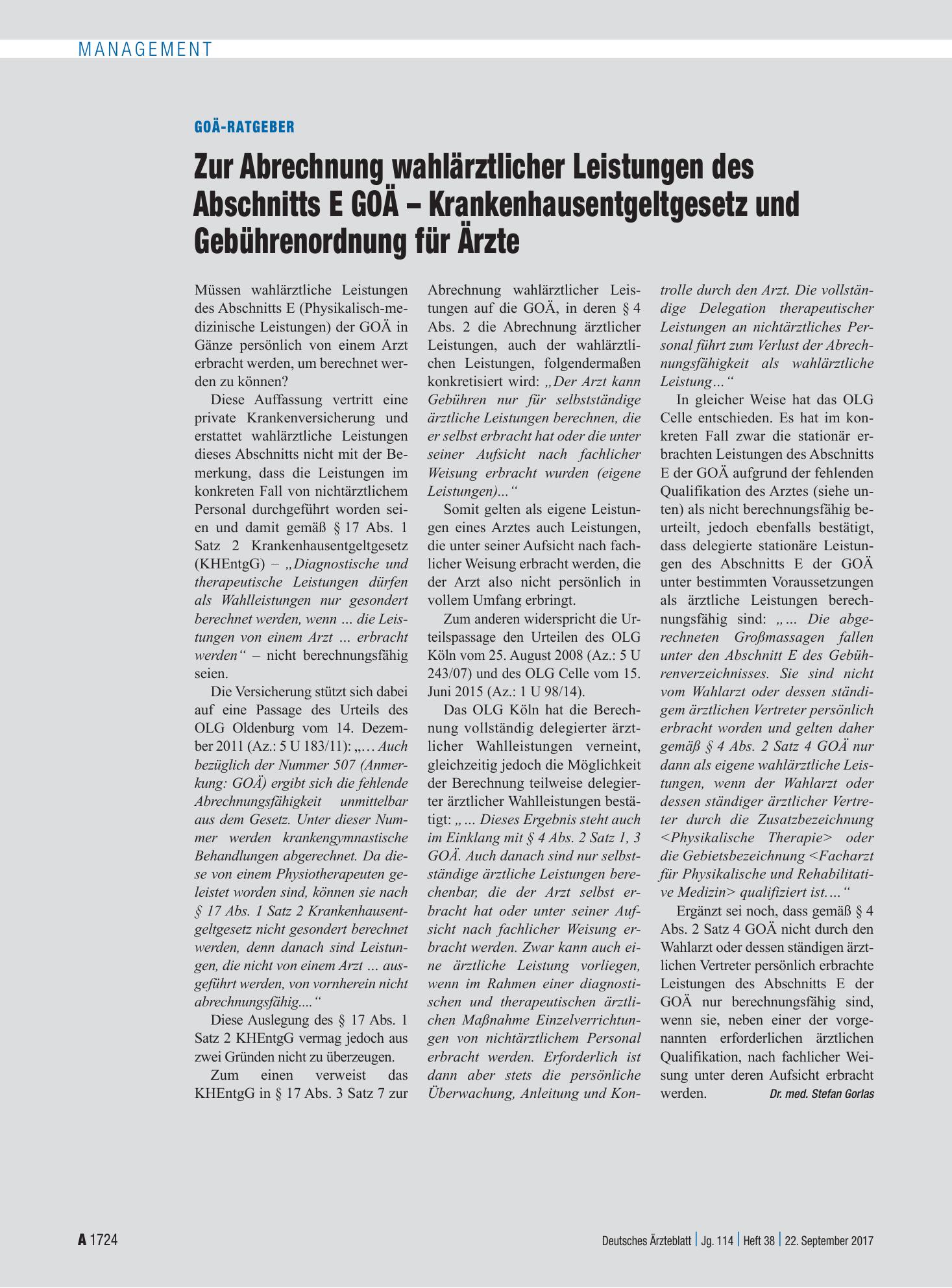 Vorschauseite 1: GOÄ-Ratgeber: Zur Abrechnung wahlärztlicher Leistungen des Abschnitts E GOÄ – Krankenhausentgeltgesetz und Gebührenordnung für Ärzte – Deutsches Ärzteblatt