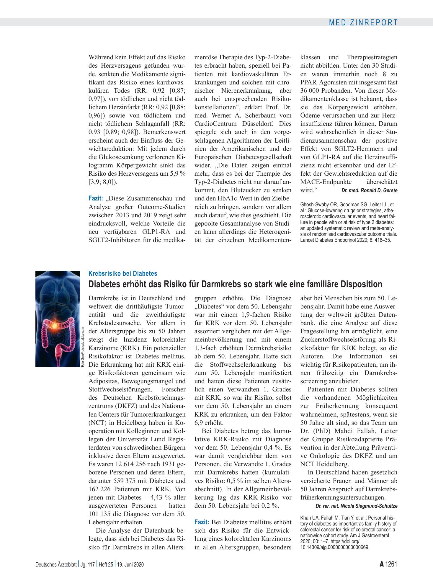 Vorschauseite 1: Krebsrisiko bei Diabetes: Diabetes erhöht das Risiko für Darmkrebs so stark wie eine familiäre Disposition – Deutsches Ärzteblatt