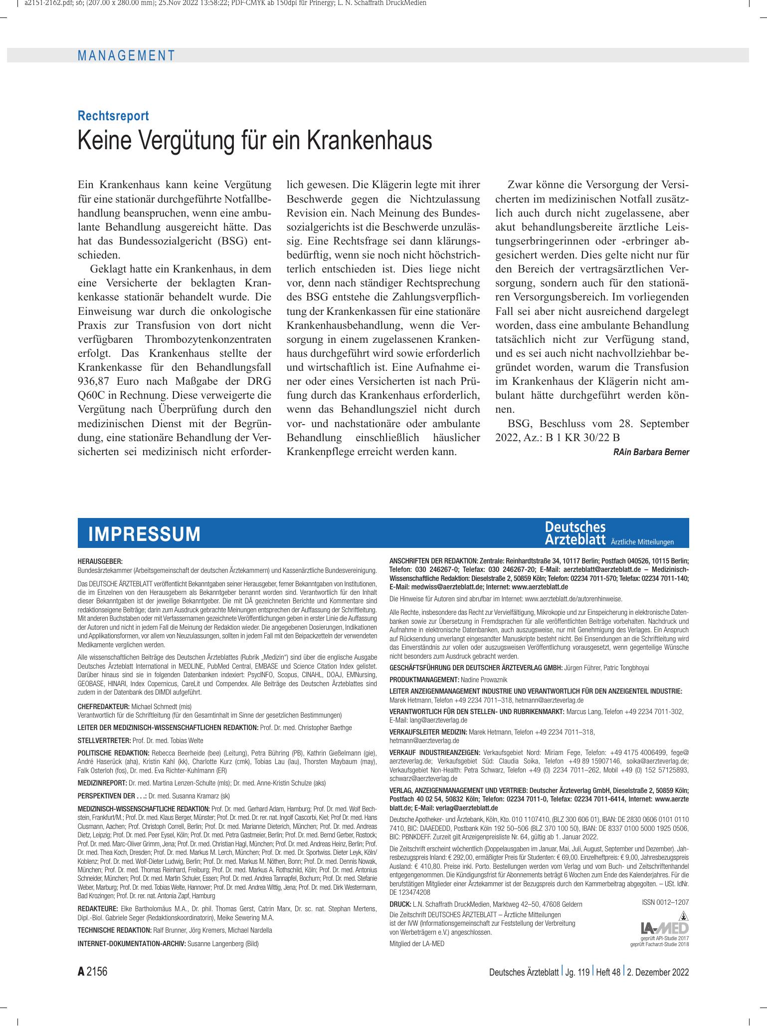 Vorschauseite 1: Rechtsreport: Keine Vergütung für ein Krankenhaus – Deutsches Ärzteblatt