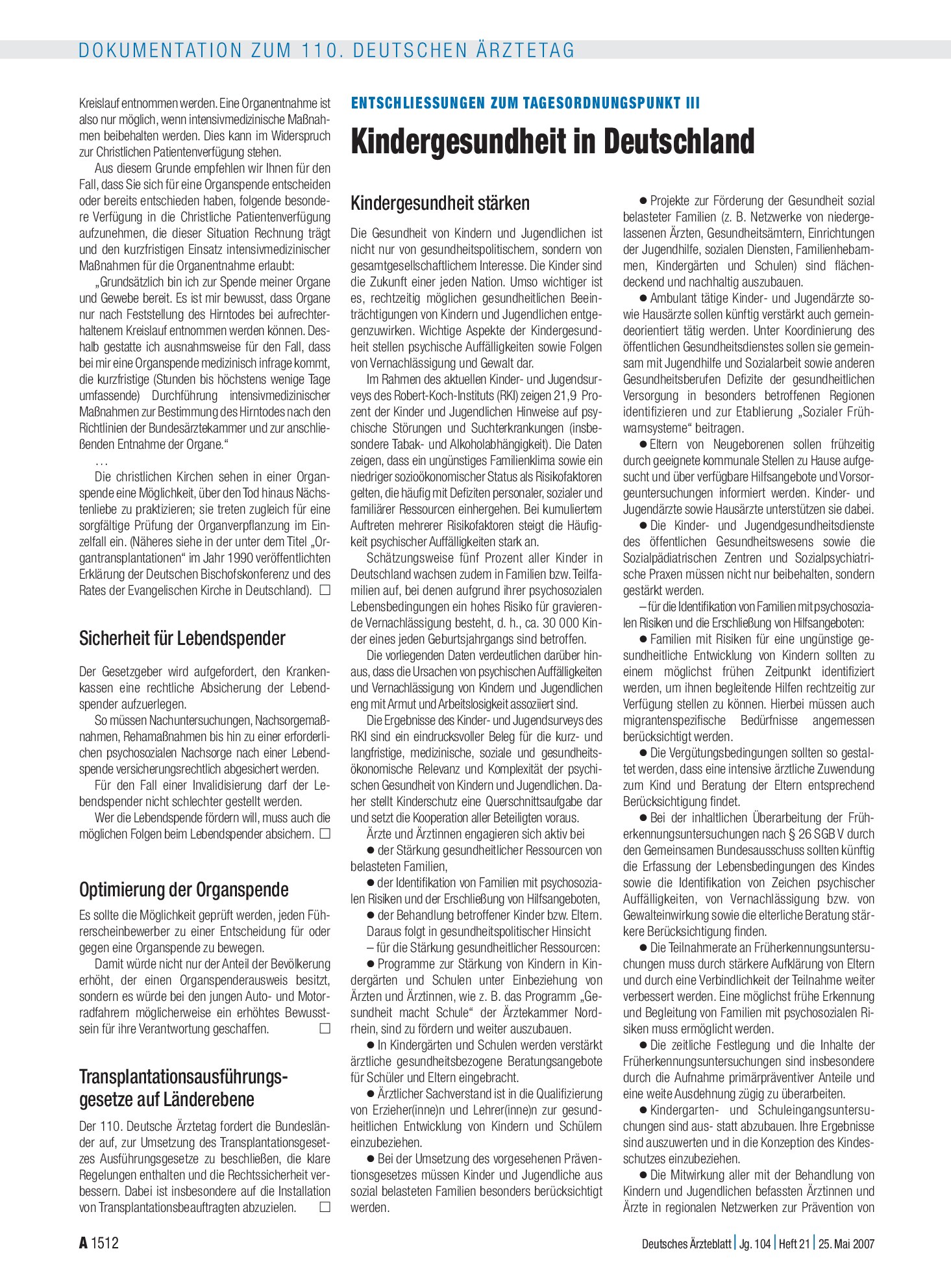 Vorschauseite 1: Entschliessungen zum Tagesordnungspunkt III: Kindergesundheit in Deutschland – Deutsches Ärzteblatt