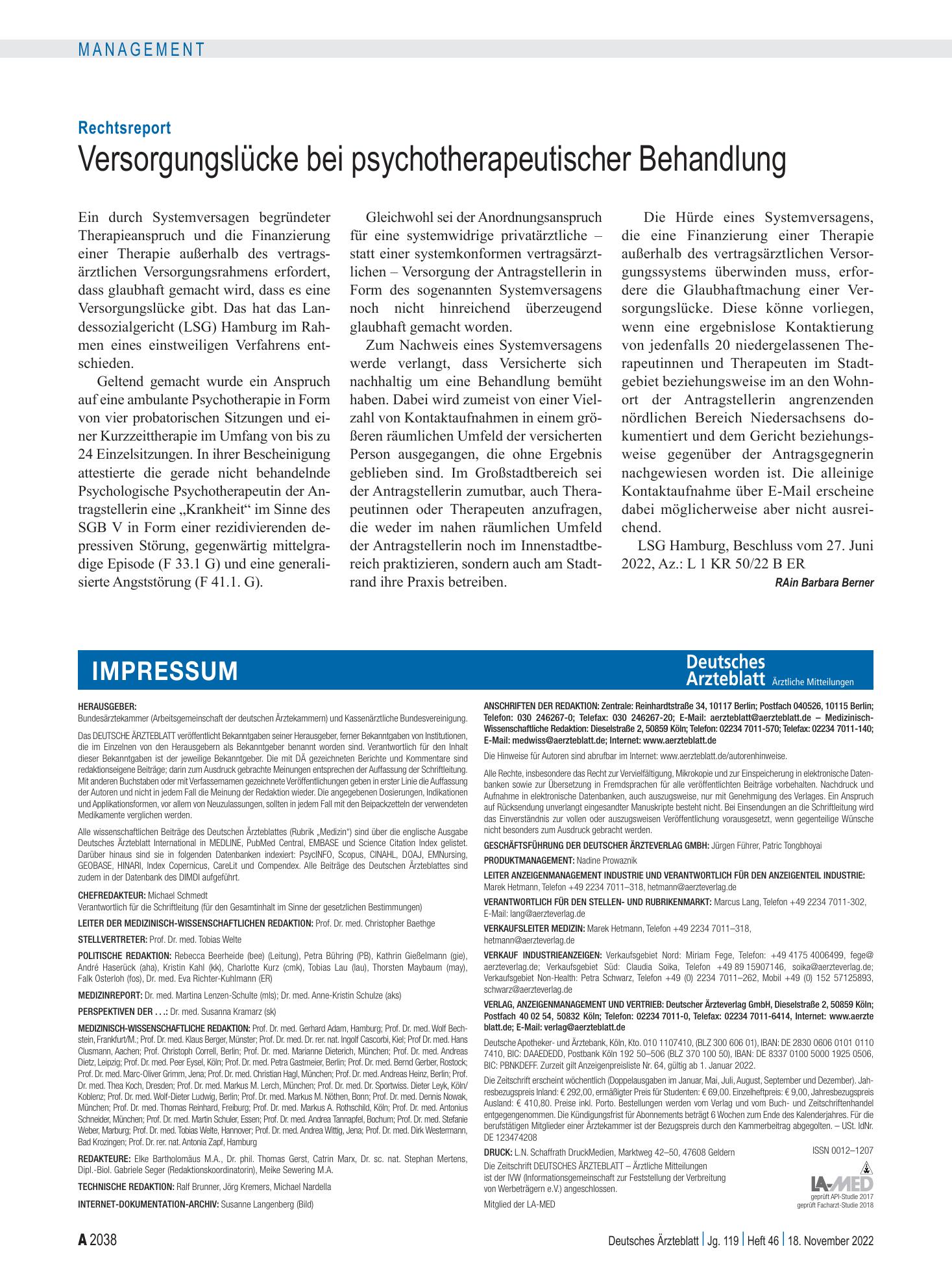 Vorschauseite 1: Rechtsreport: Versorgungslücke bei psychotherapeutischer Behandlung – Deutsches Ärzteblatt