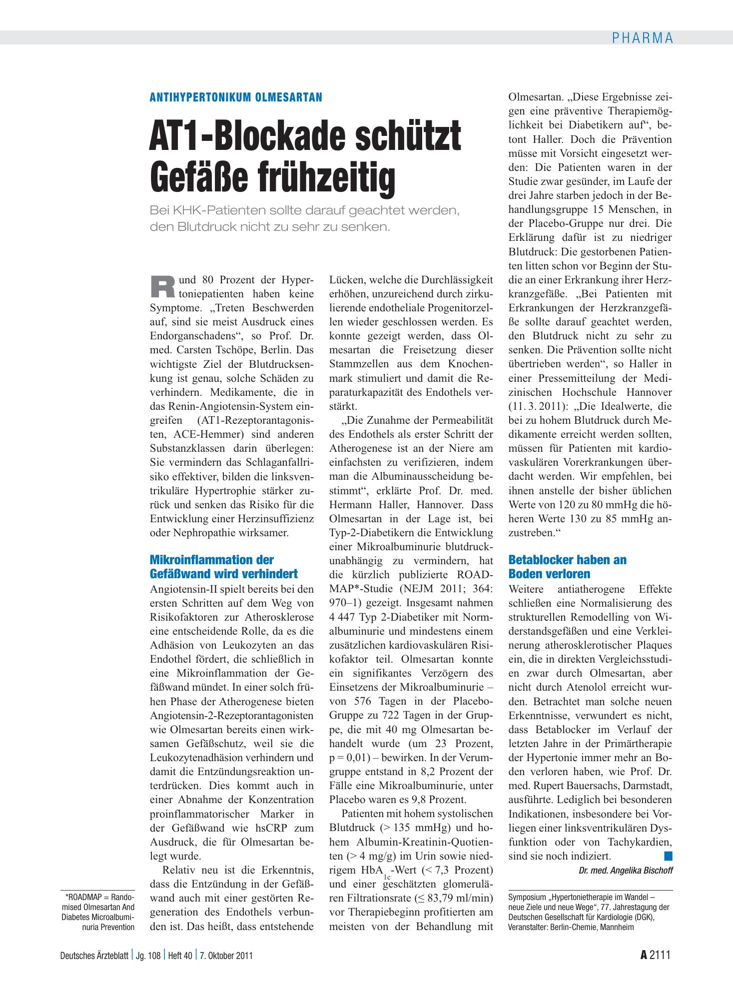 Vorschauseite 1: Antihypertonikum Olmesartan: AT1-Blockade schützt Gefäße frühzeitig – Deutsches Ärzteblatt