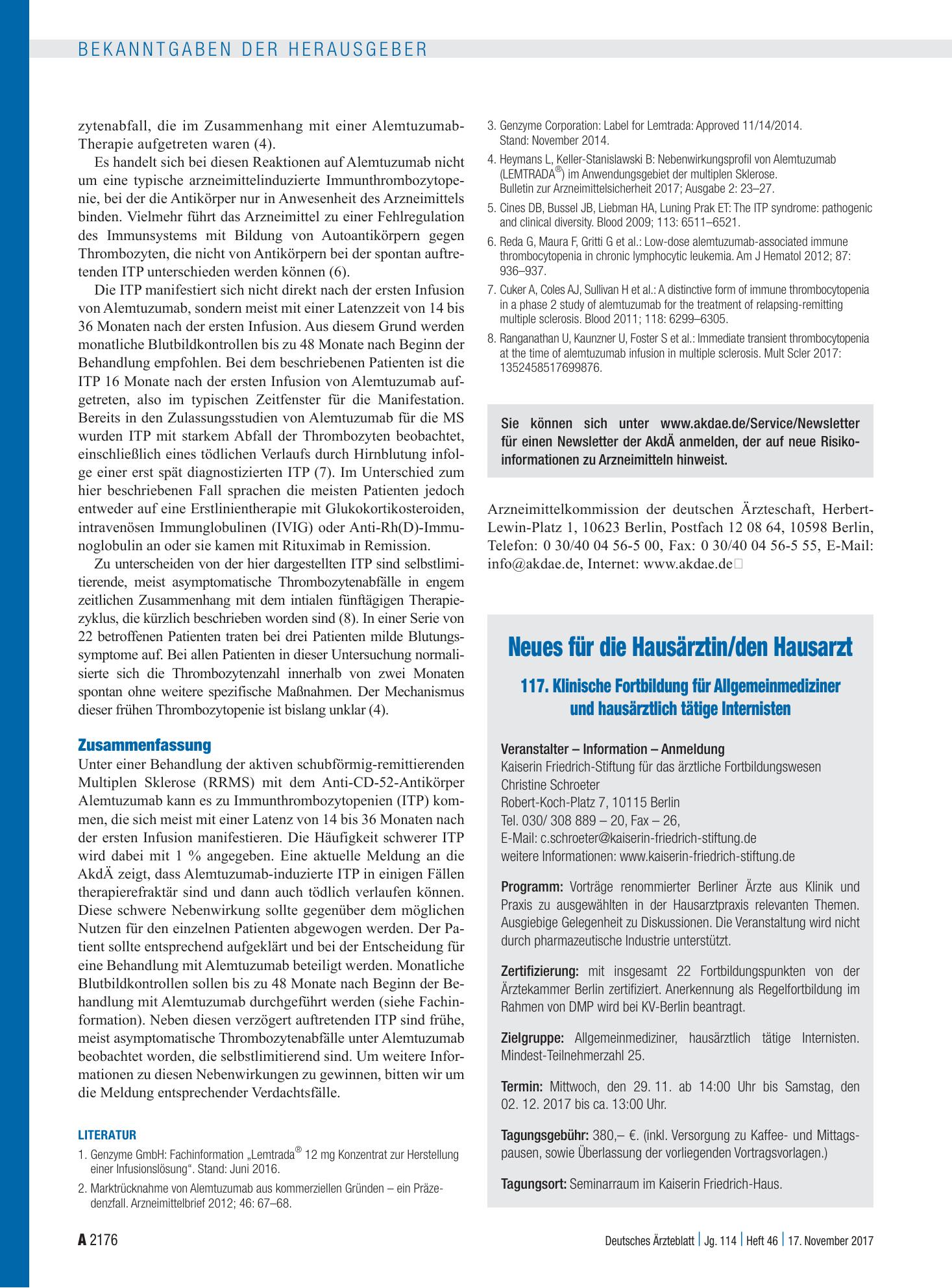 Vorschauseite 1: Neues für die Hausärztin/den Hausarzt: 117. Klinische Fortbildung für Allgemeinmediziner und hausärztlich tätige Internisten – Deutsches Ärzteblatt