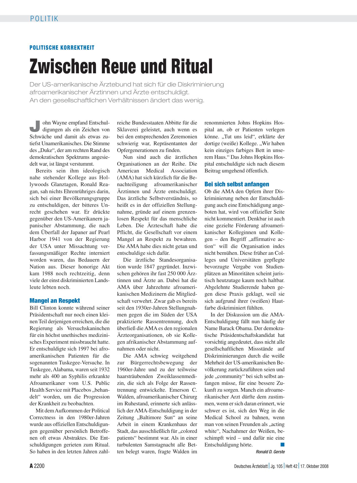 Vorschauseite 1: Politische Korrektheit: Zwischen Reue und Ritual – Deutsches Ärzteblatt