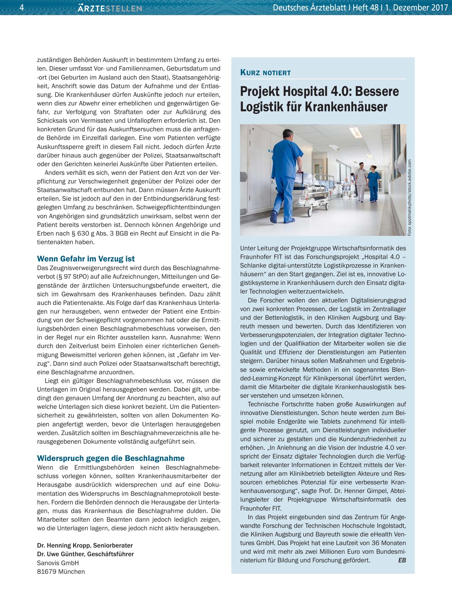 Vorschauseite 1: Projekt Hospital 4.0: Bessere Logistik für Krankenhäuser – Deutsches Ärzteblatt