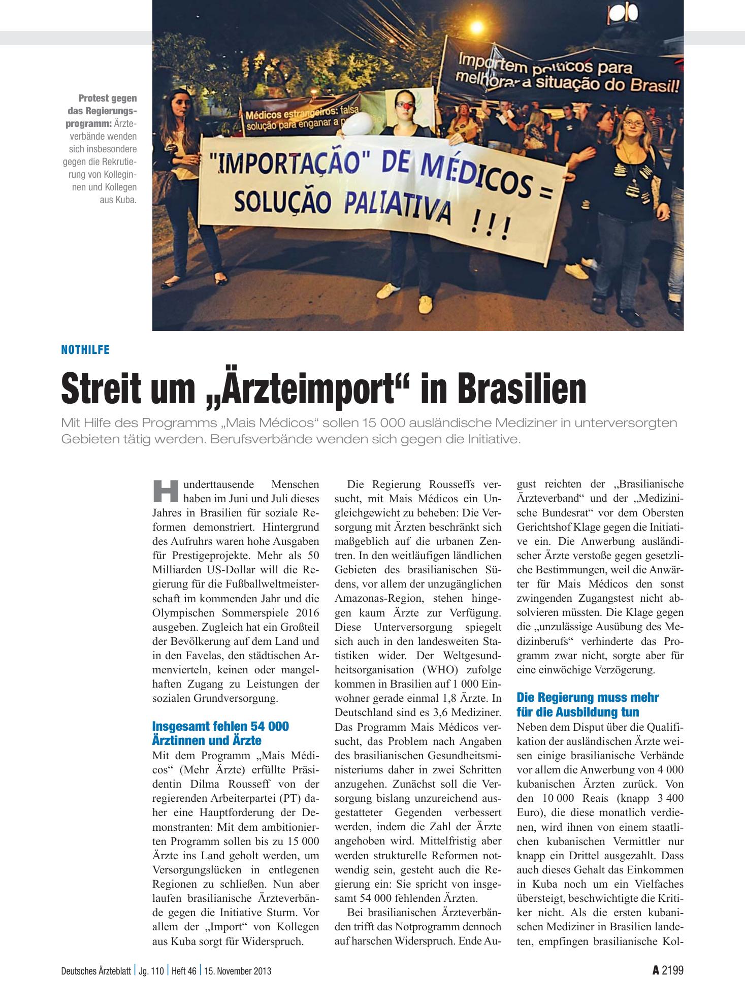Vorschauseite 1: Nothilfe: Streit um „Ärzteimport“ in Brasilien – Deutsches Ärzteblatt