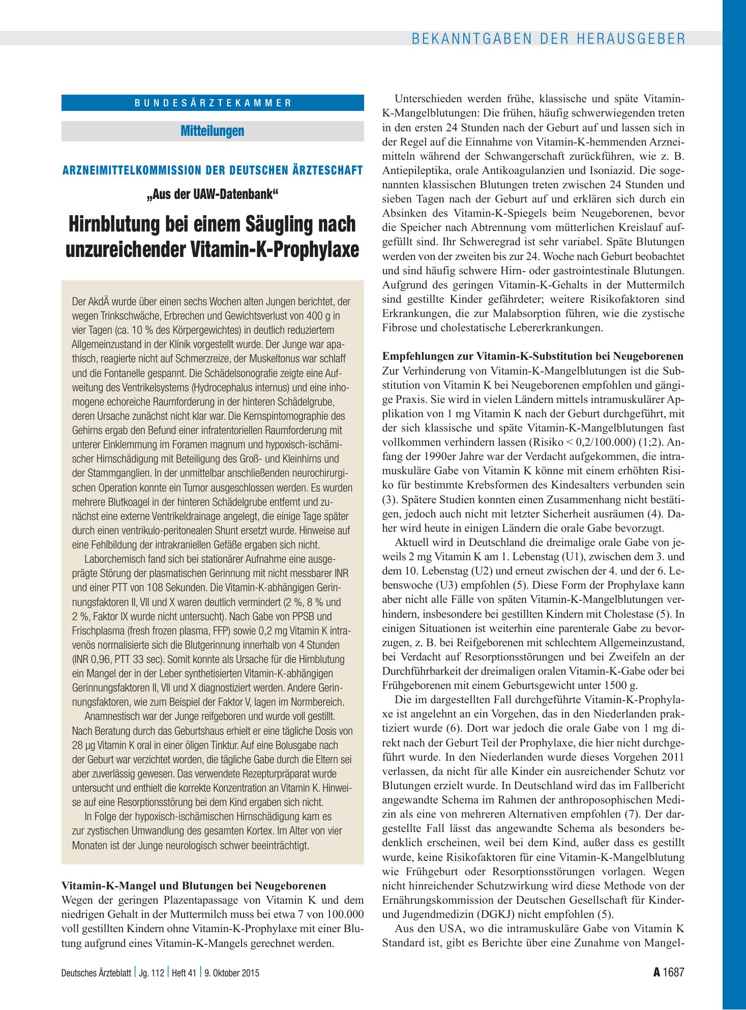 Vorschauseite 1: Arzneimittelkommission der Deutschen Ärzteschaft: „Aus der UAW-Datenbank“ Hirnblutung bei einem Säugling nach unzureichender Vitamin-K-Prophylaxe – Deutsches Ärzteblatt