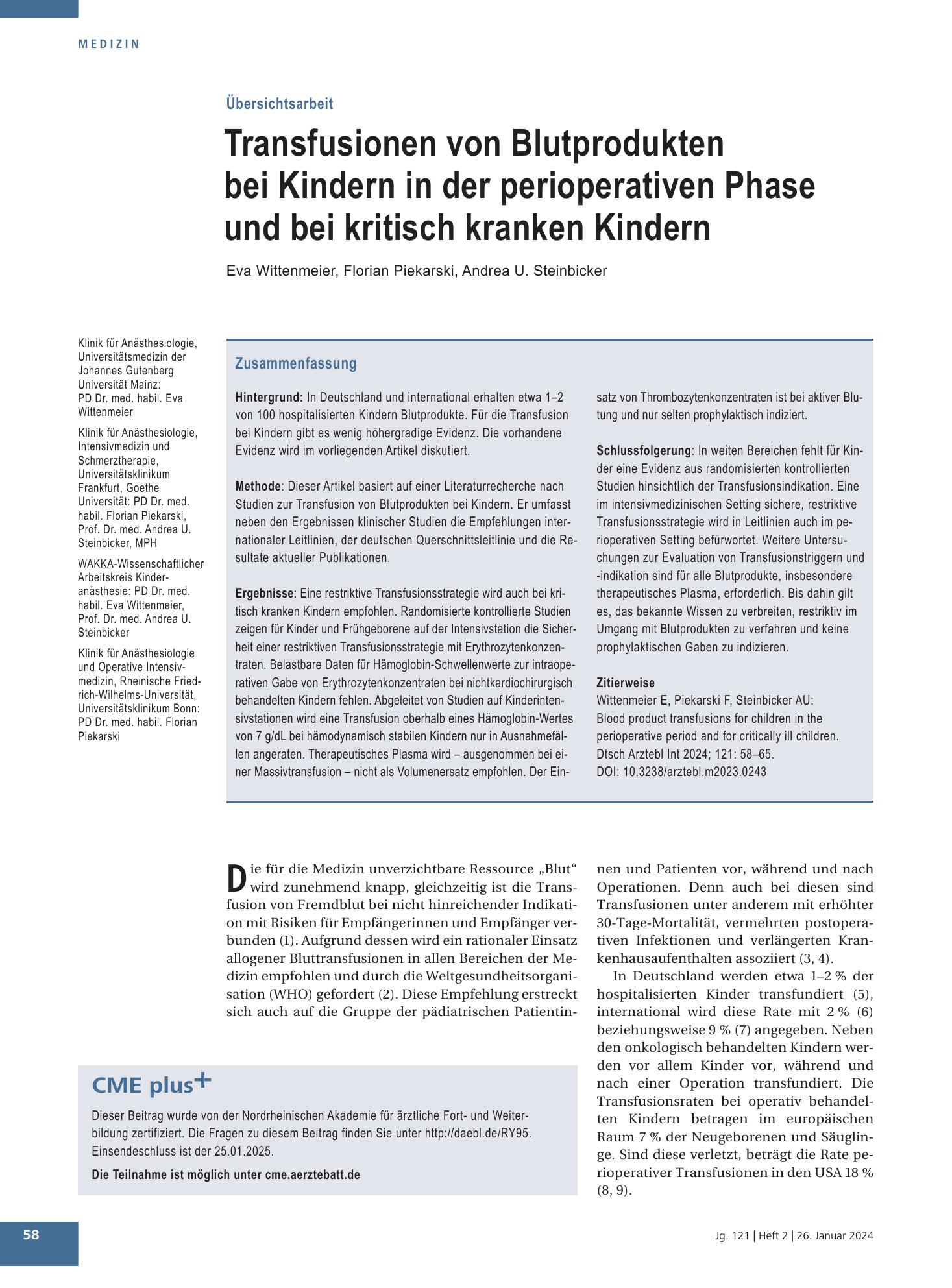 Vorschauseite 1: Transfusionen von Blutprodukten bei Kindern in der perioperativen Phase und bei kritisch kranken Kindern – Deutsches Ärzteblatt