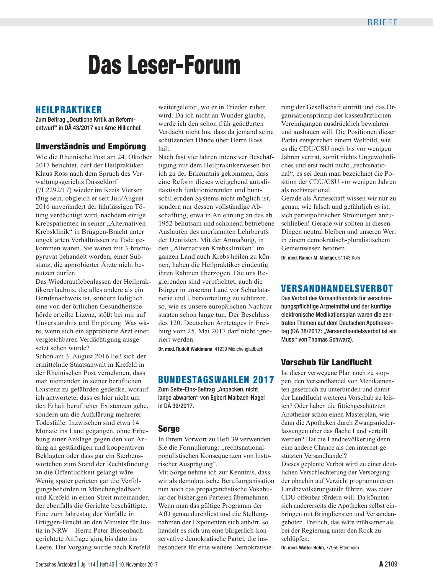 Vorschauseite 1: Bundestagswahlen 2017: Sorge – Deutsches Ärzteblatt