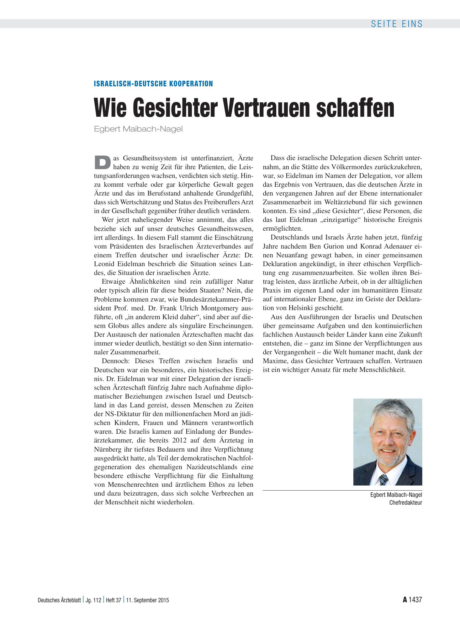 Vorschauseite 1: Israelisch-Deutsche Kooperation: Wie Gesichter Vertrauen schaffen – Deutsches Ärzteblatt