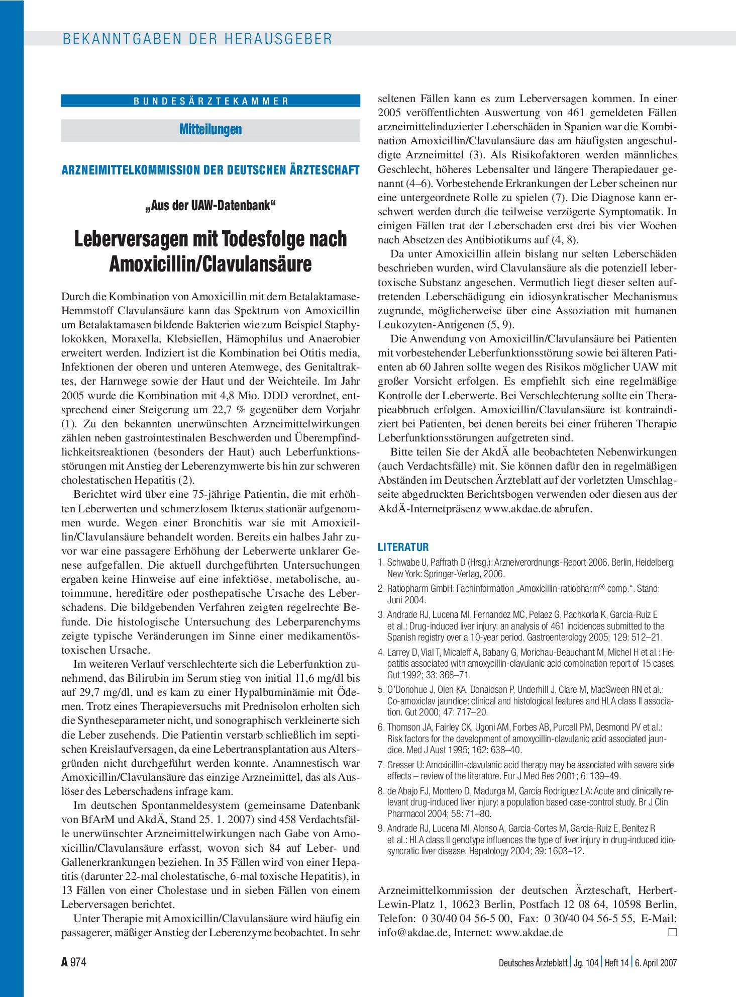 Vorschauseite 1: Mitteilungen „Aus der UAW-Datenbank“: Leberversagen mit Todesfolge nach Amoxicillin/Clavulansäure – Deutsches Ärzteblatt