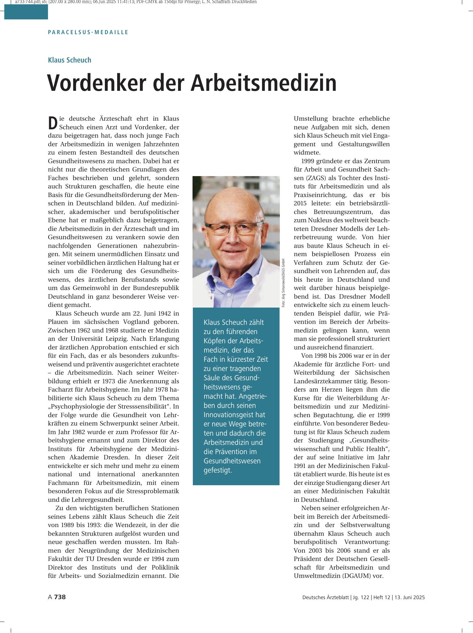 Vorschauseite 1: Klaus Scheuch: Vordenker der Arbeitsmedizin – Deutsches Ärzteblatt
