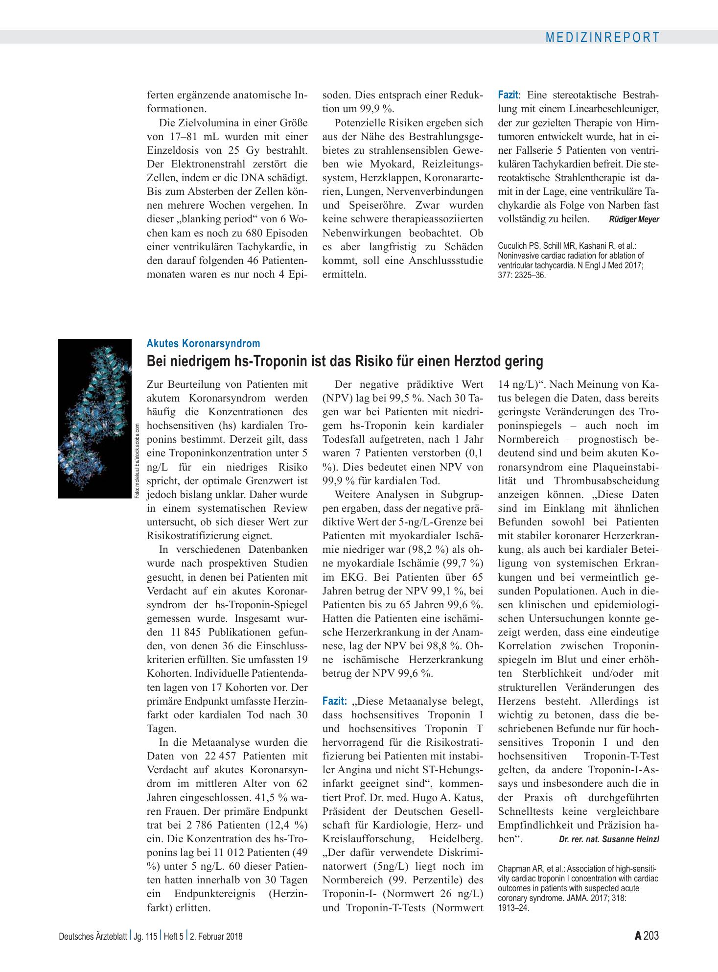 Vorschauseite 1: Akutes Koronarsyndrom: Bei niedrigem hs-Troponin ist das Risiko für einen Herztod gering – Deutsches Ärzteblatt
