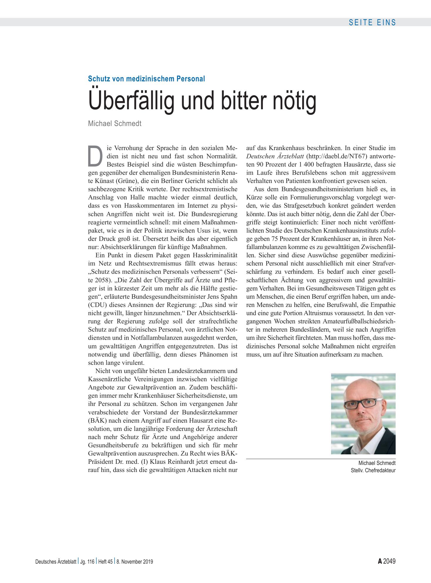 Vorschauseite 1: Schutz von medizinischem Personal: Überfällig und bitter nötig – Deutsches Ärzteblatt