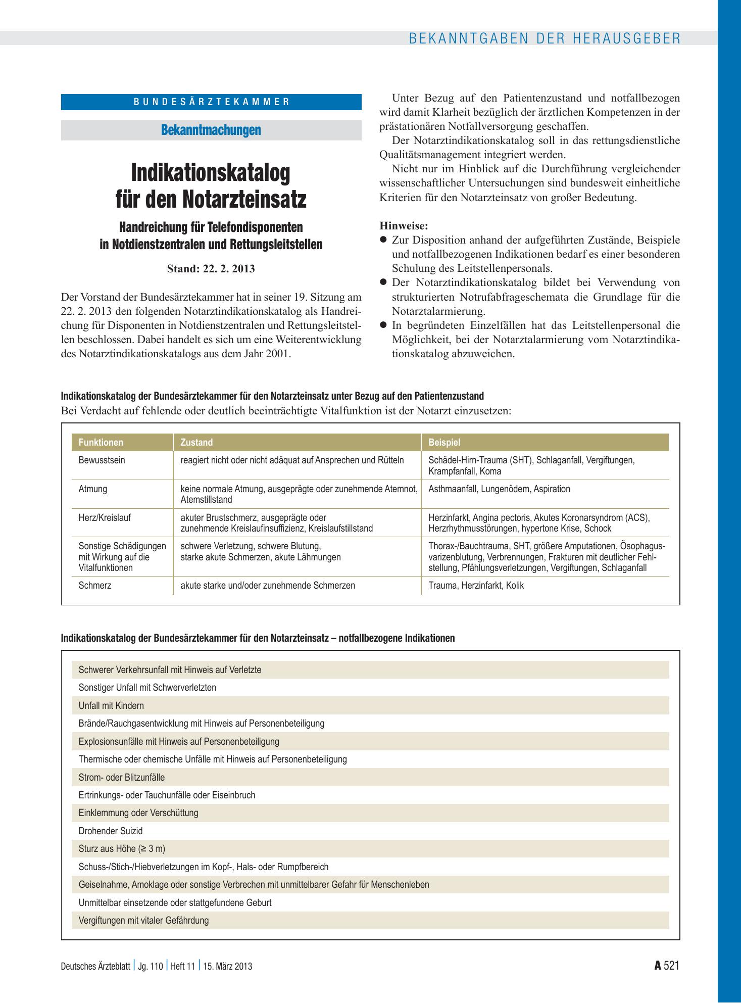 Vorschauseite 1: Indikationskatalog für den Notarzteinsatz: Handreichung für Telefondisponenten in Notdienstzentralen und Rettungsleitstellen – Deutsches Ärzteblatt