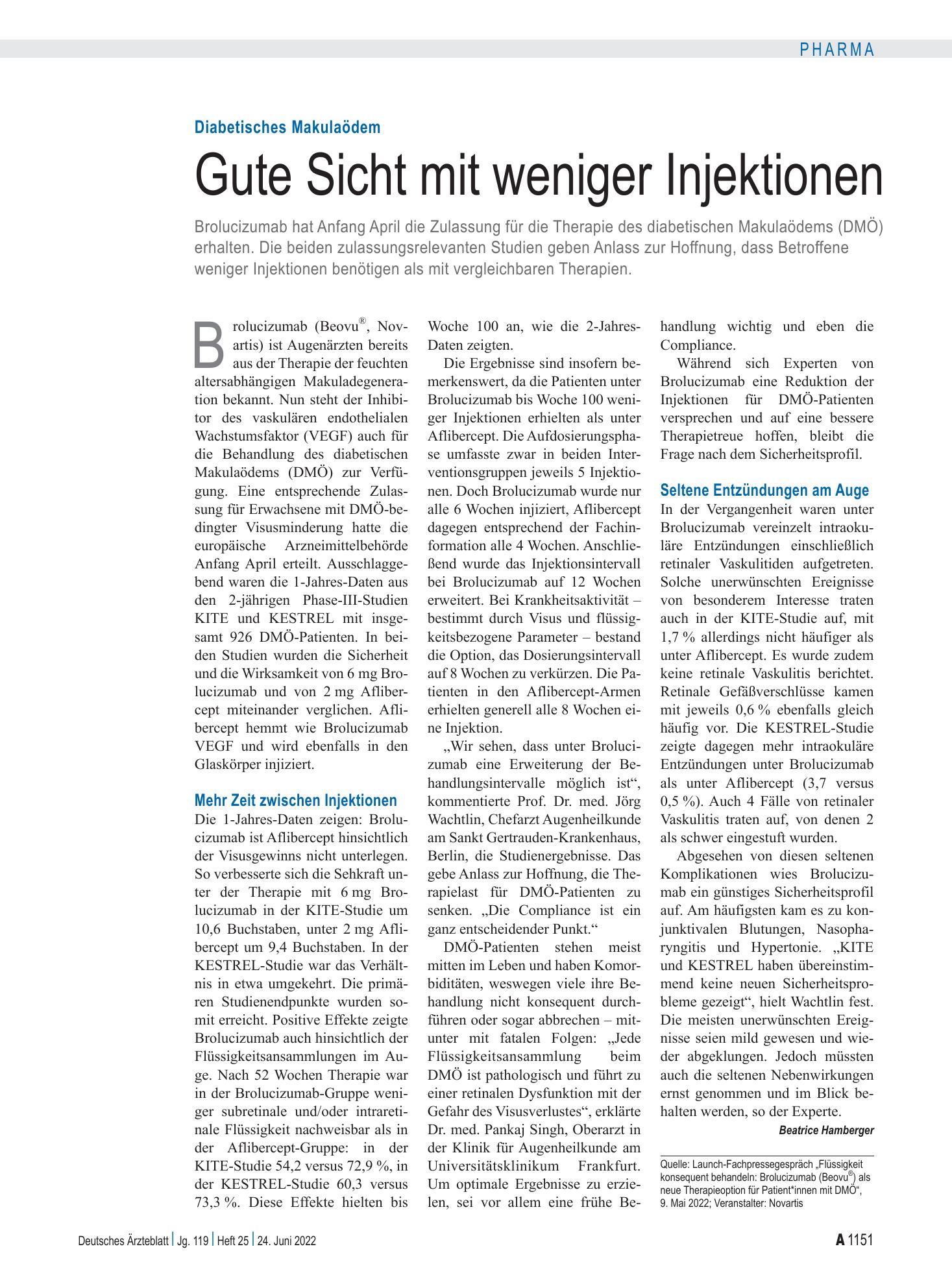 Vorschauseite 1: Diabetisches Makulaödem: Gute Sicht mit weniger Injektionen – Deutsches Ärzteblatt