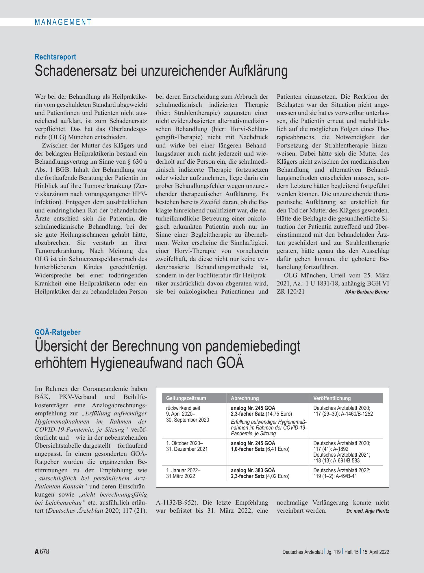 Vorschauseite 1: GOÄ-Ratgeber: Übersicht der Berechnung von pandemiebedingt erhöhtem Hygieneaufwand nach GOÄ – Deutsches Ärzteblatt