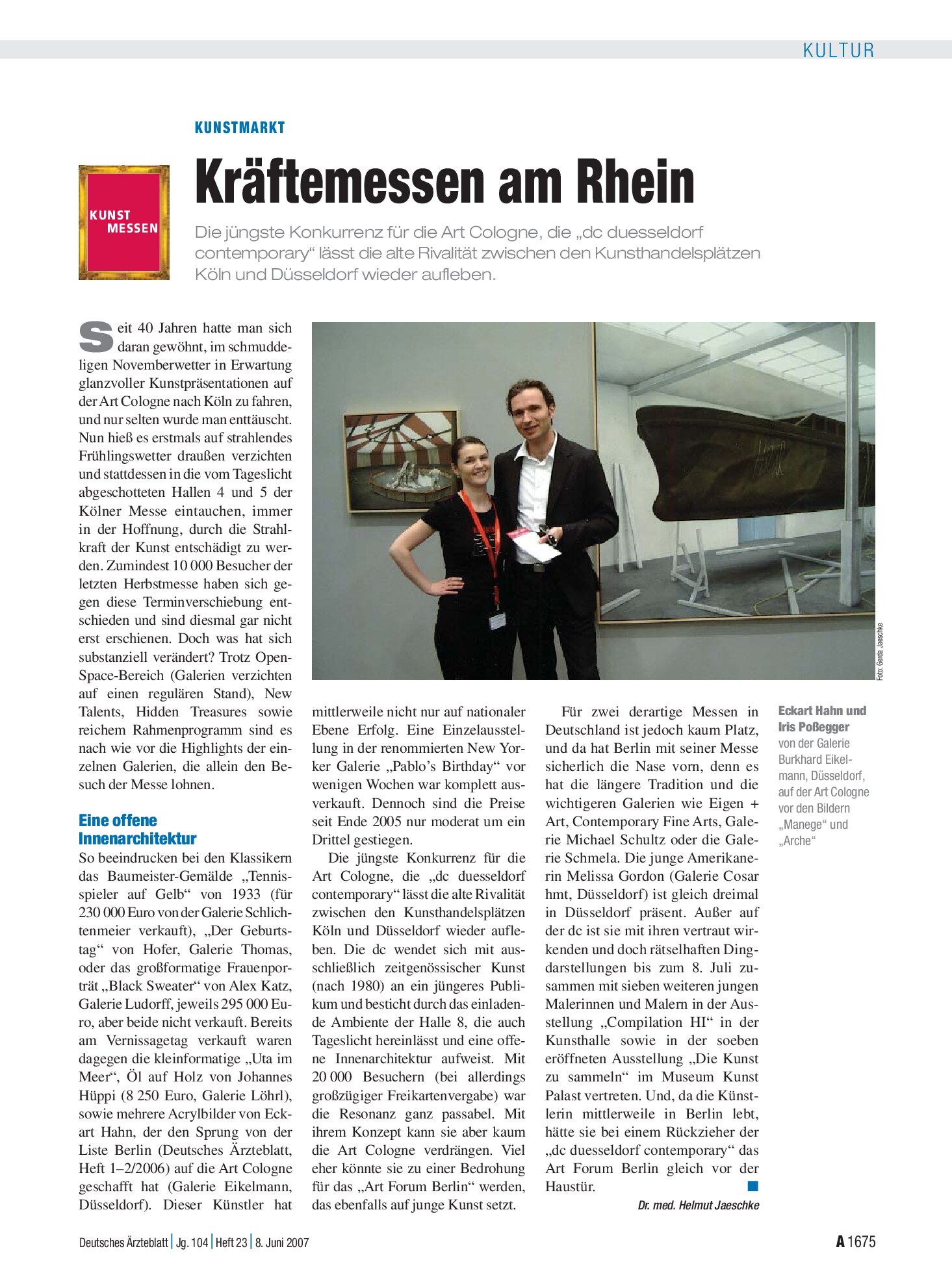 Vorschauseite 1: Kunstmarkt: Kräftemessen am Rhein – Deutsches Ärzteblatt
