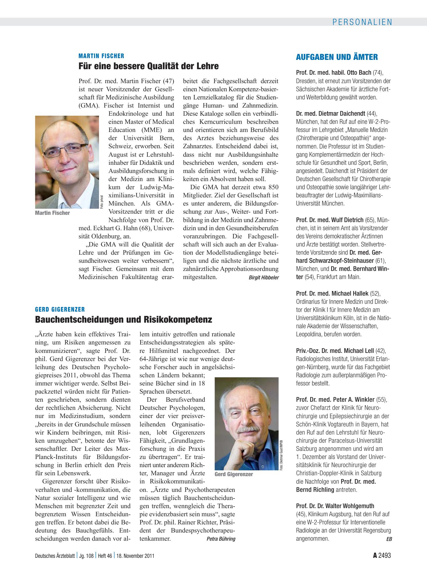 Vorschauseite 1: Gerd Gigerenzer: Bauchentscheidungen und Risikokompetenz – Deutsches Ärzteblatt