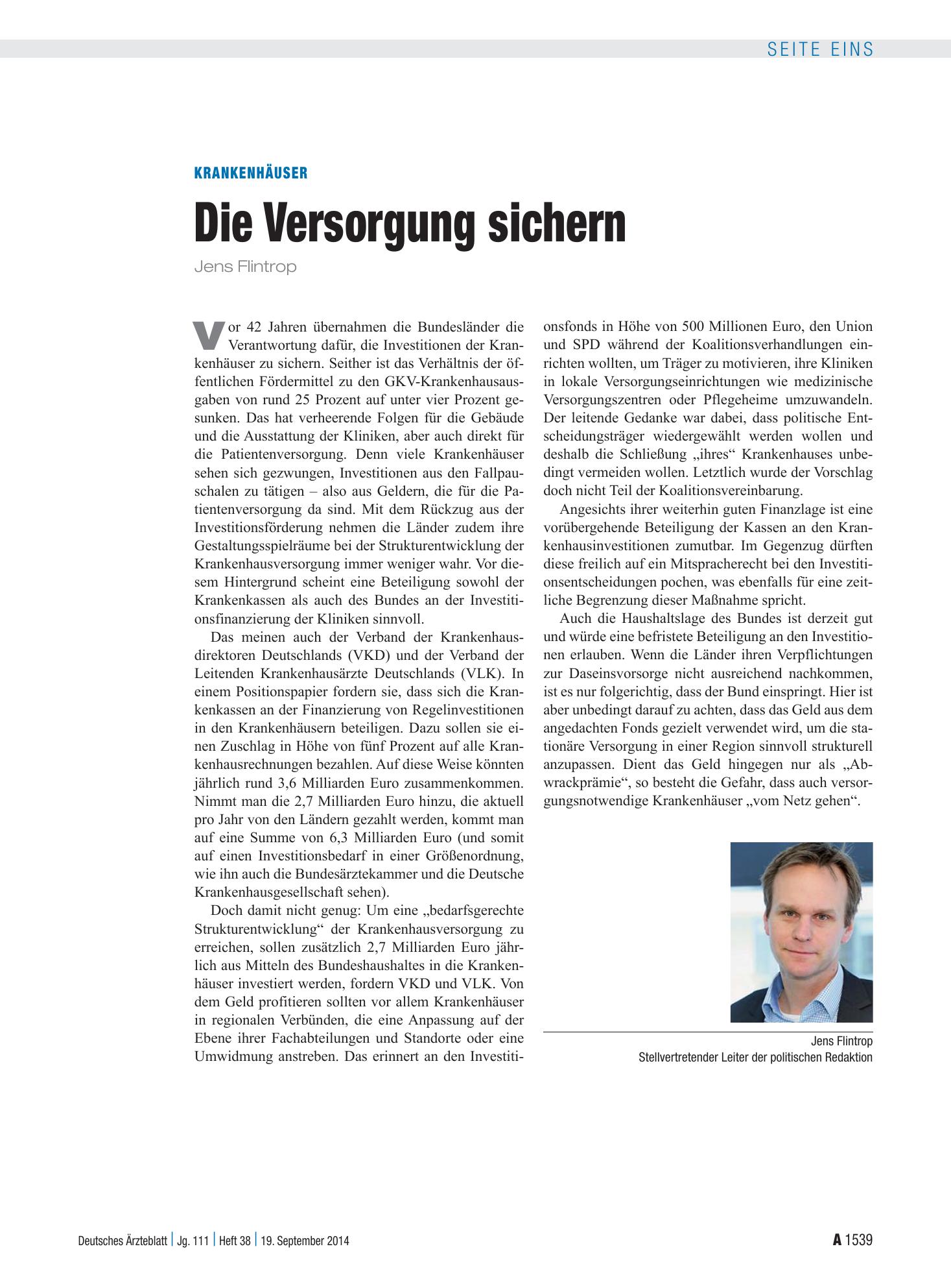 Vorschauseite 1: Krankenhäuser: Die Versorgung sichern – Deutsches Ärzteblatt